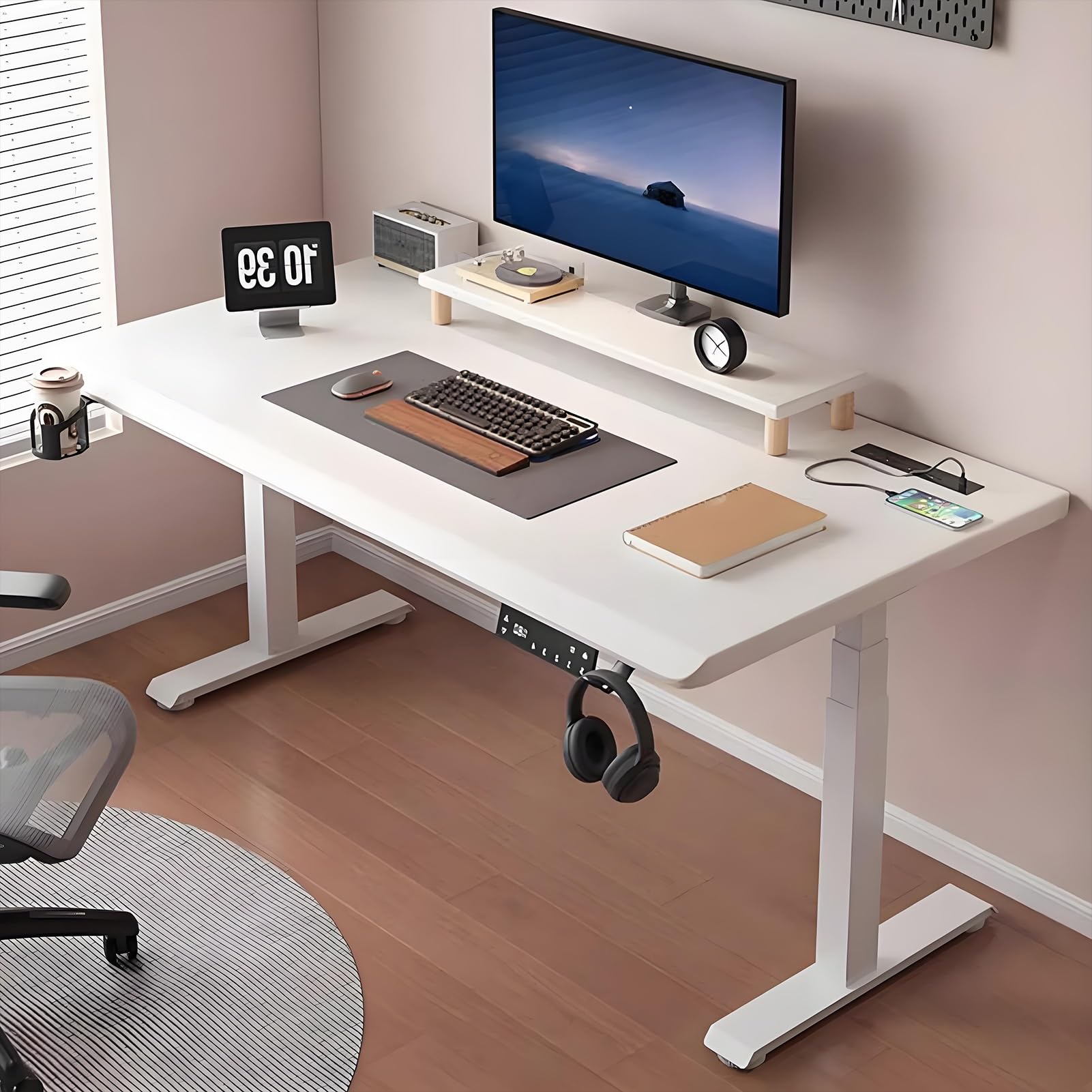 Adjustable Height Standing Desk Computer Desk with 3 Memory Presets Large Stand up Desk with Headphone Hooks for