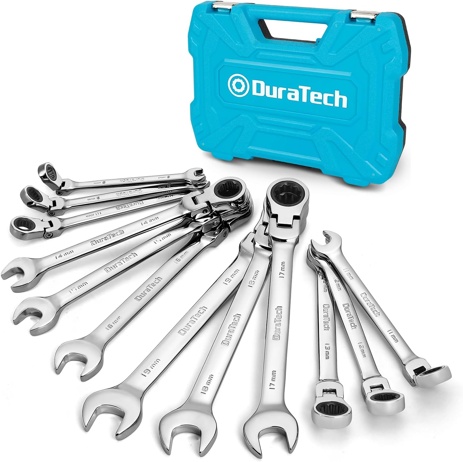 12-Piece Flex-Head Ratcheting Combination Wrench Set, 72-Tooth, Metric, 8-19 mm, Cr-v Steel, Organized in Storage Case