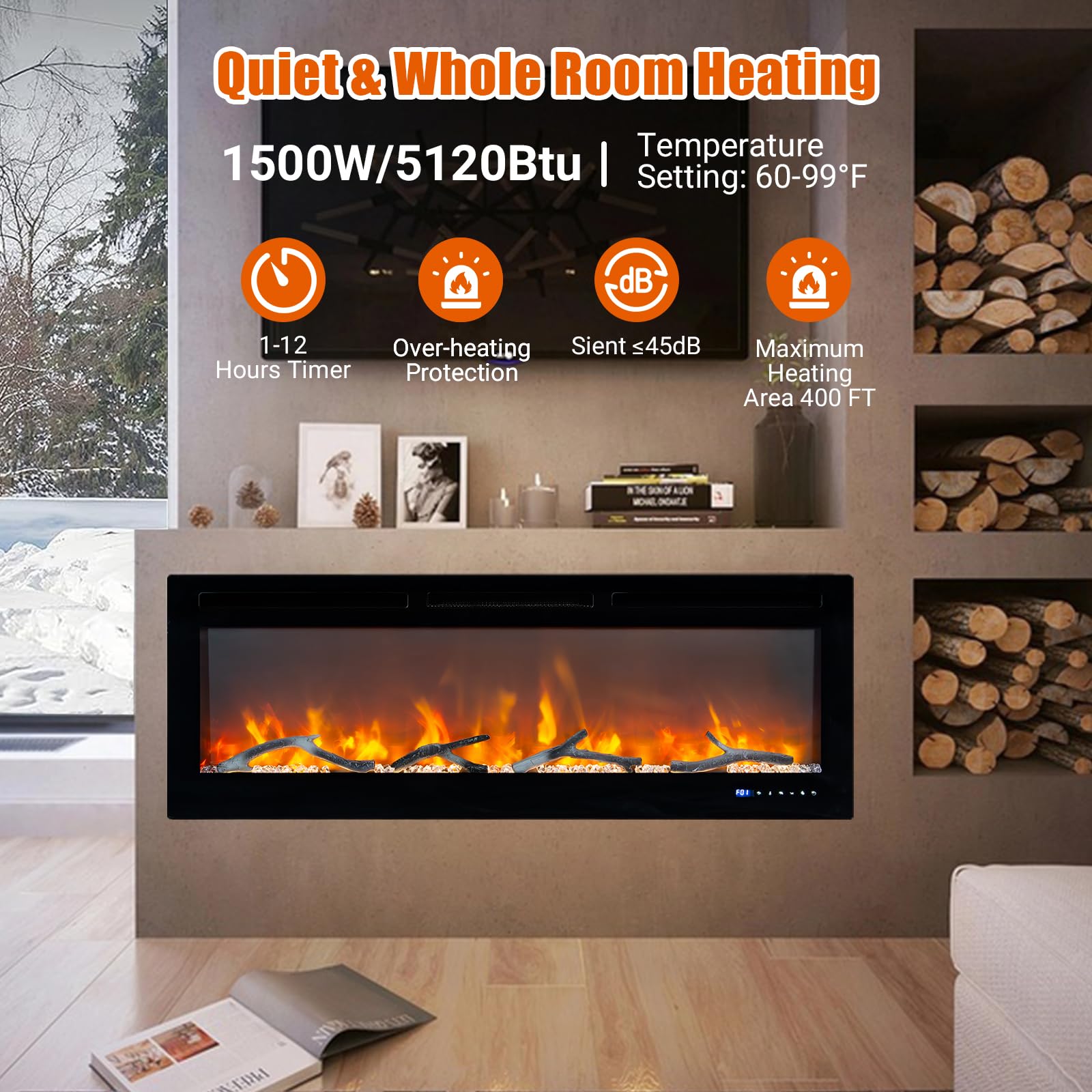 Chimenea eléctrica, chimenea eléctrica empotrada y montada en la pared de 50 pulgadas, control inteligente con WiFi y control remoto, brillo ajustable, colores de cama de carbono, pantalla táctil, 13 3