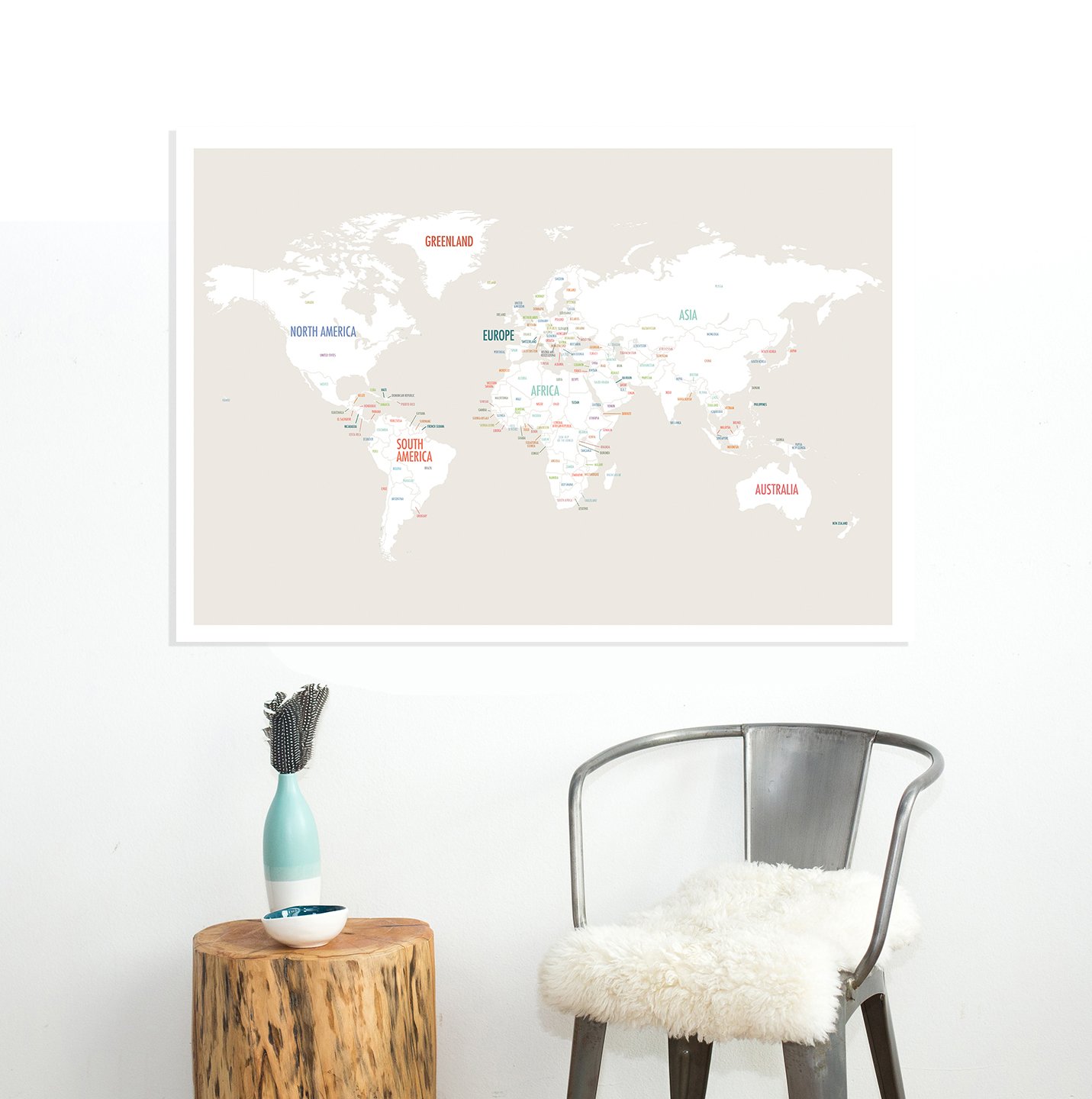 World Map Wall Art Poster (24" x 18") Unframed Beige and White color
