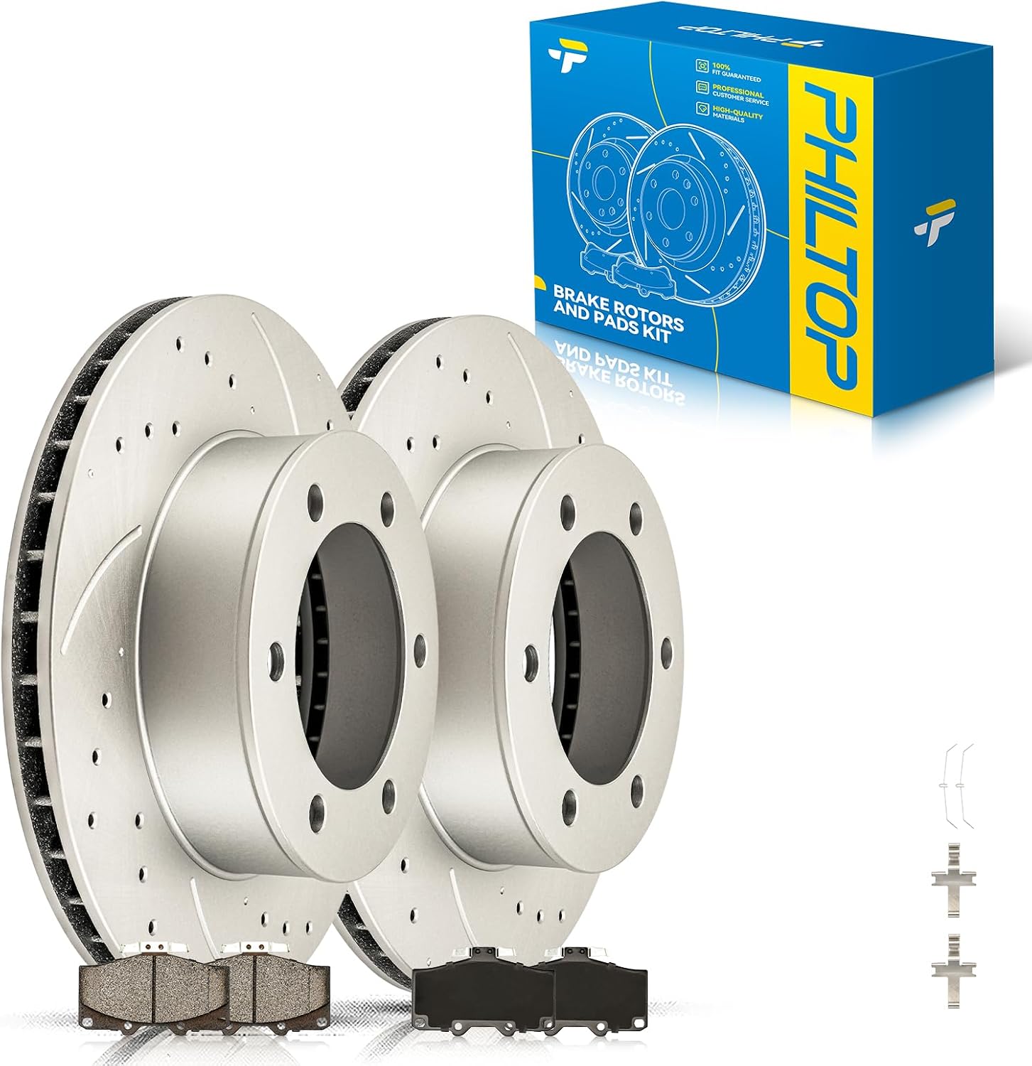 PHILTOP Front Brakes and Rotors for Toyota 4Runner 1996-2002, Toyota Tacoma 1995-1998, 2004, Drilled and Slotted Rotors and Brake Pads Kit (11.67inch, 296.5MM)