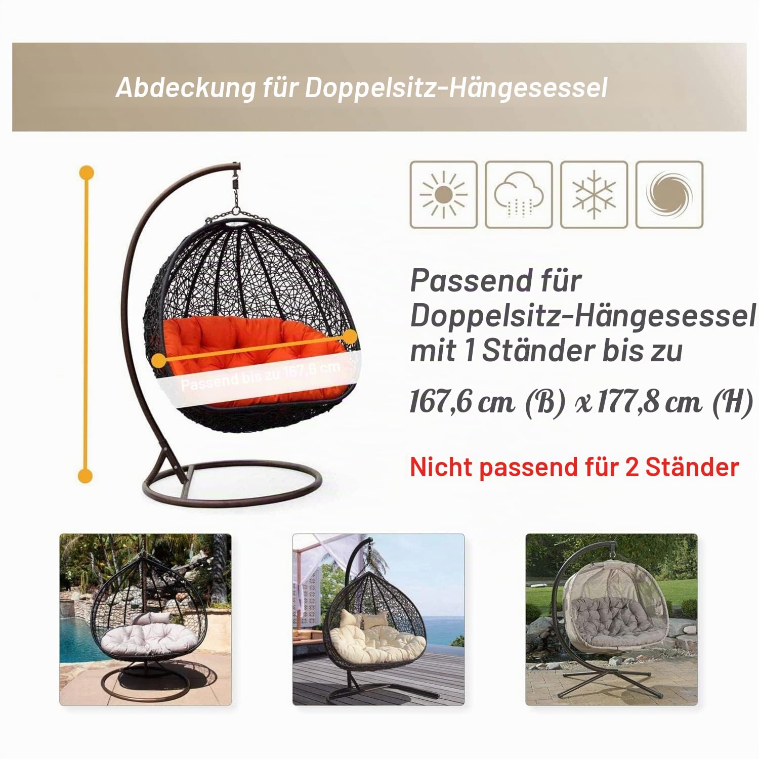 Abdeckung für Hängesessel/Schwingsessel/Hängekorb - Garten Rattan Wicker Hängesessel Wasserdichte Möbel Schutzhülle - Oxford 210D Gewebe und Innen mit PVC Beschichtet, 230*200cm, Grau