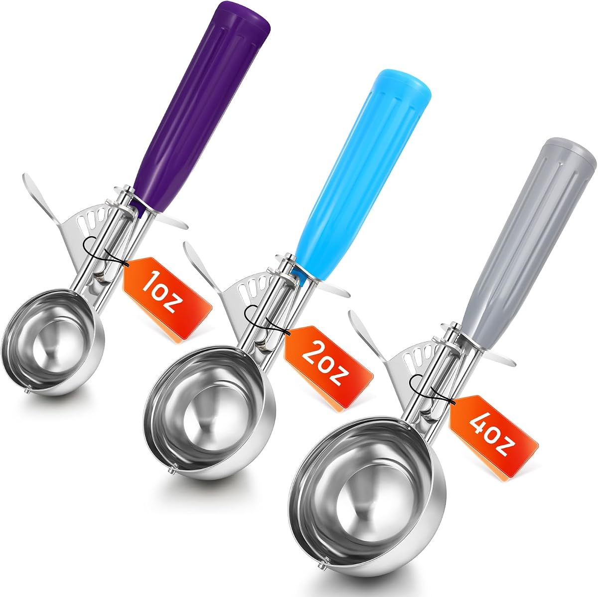 Reallnaive 3 cucharadas de galletas de liberación para helado con gatillo de liberación de porción de acero inoxidable para control de porciones, alimentos para hornear, masa de galletas (4 oz+2 oz+1 oz, gris, azul, morado)