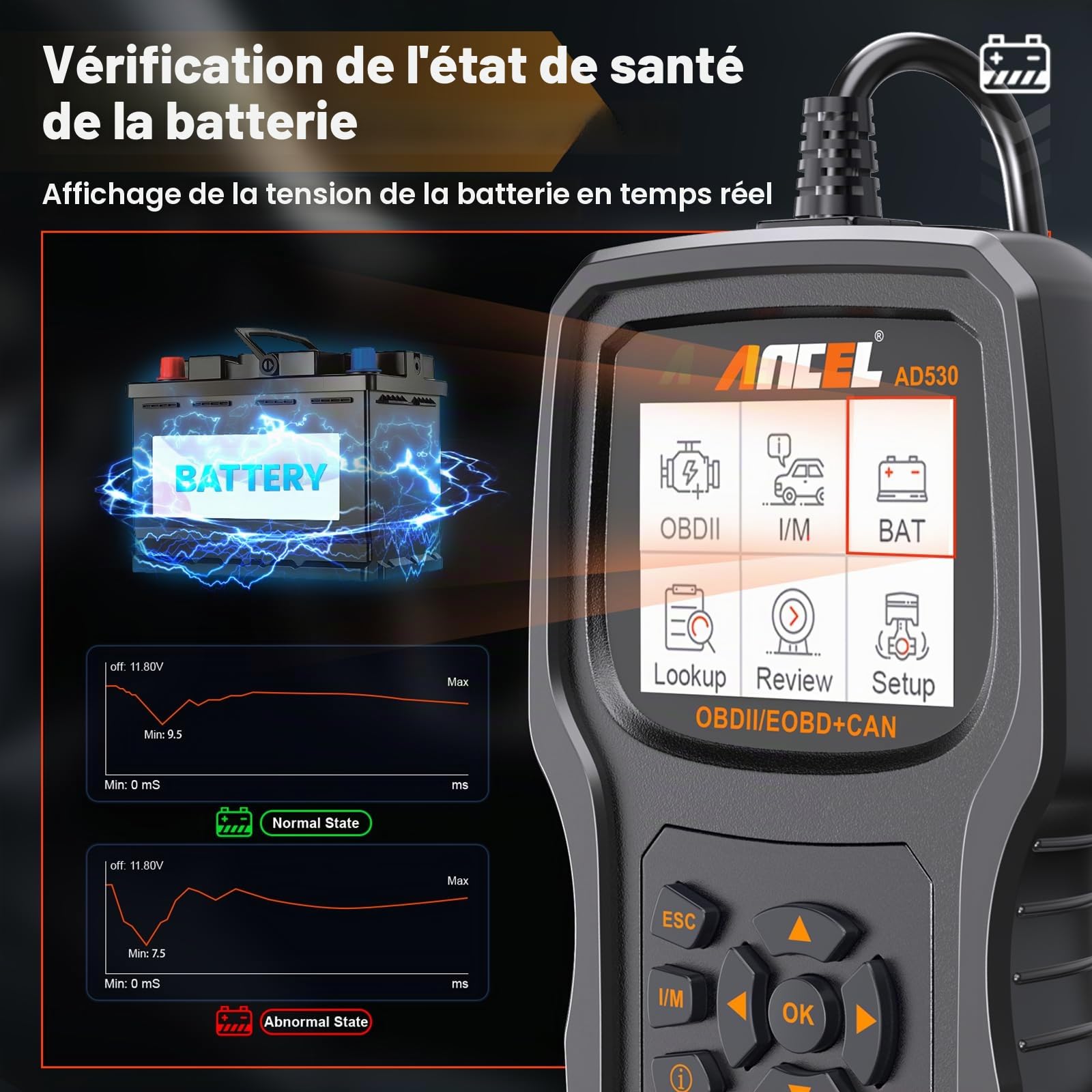 ANCEL AD530 Lecteur de Code OBD2 l'Outil d'Analyse Vérifier Le Voyant Moteur de Voiture Capteur O2 Scanner de systèmes EVAP avec Fonctions OBD2 Complètes et Amélioré Graphique État de la Batterie