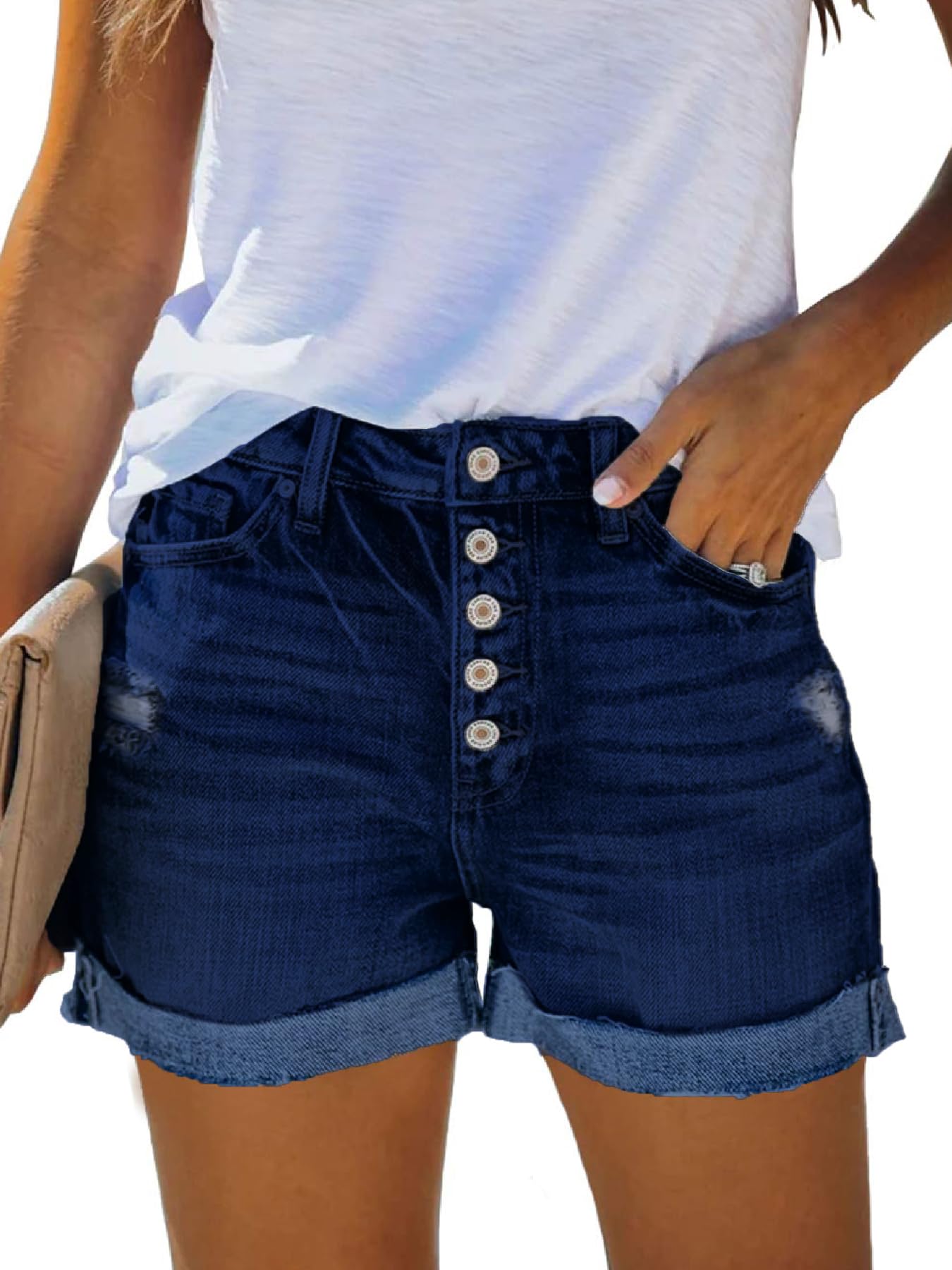 NEYOUQE Short Fluide Femme été Elastique Bermuda Casual Chic Bouton avec Poche Ourlet Jeans