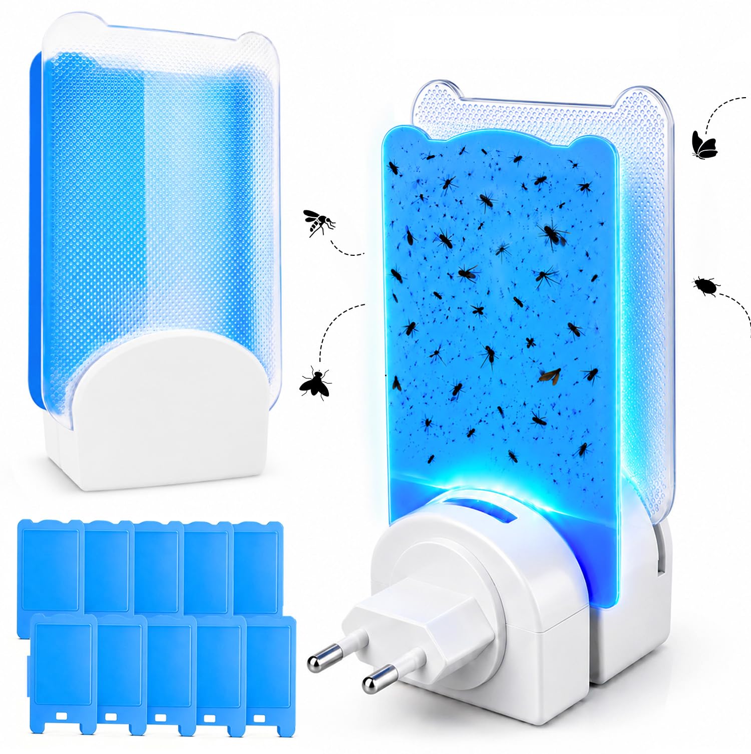 2 Pezzi Trappola Insetti Volanti,Luce Blu Zanzare Insetticida a Presa con Luce UV,cattura insetti Con 5 Pezzi Colla per mosche,zanzariera elettrica per Mosche della Frutta, Zanzare, Moscerini, Falene