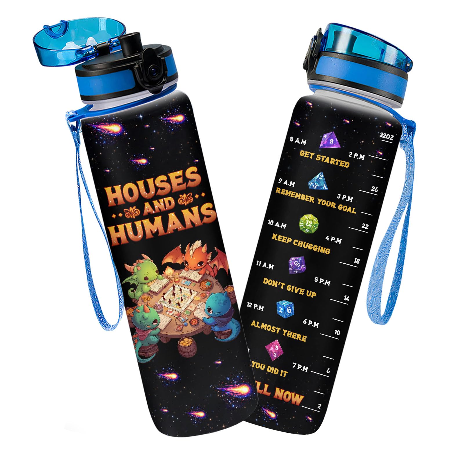 Dragon Dice Gamer Motivational Time Marker Water Bottle 32oz, Flip Lid Carry Strap, Daily Hydration for Gym School Work Travel, Gifts Birthday Black Dragon