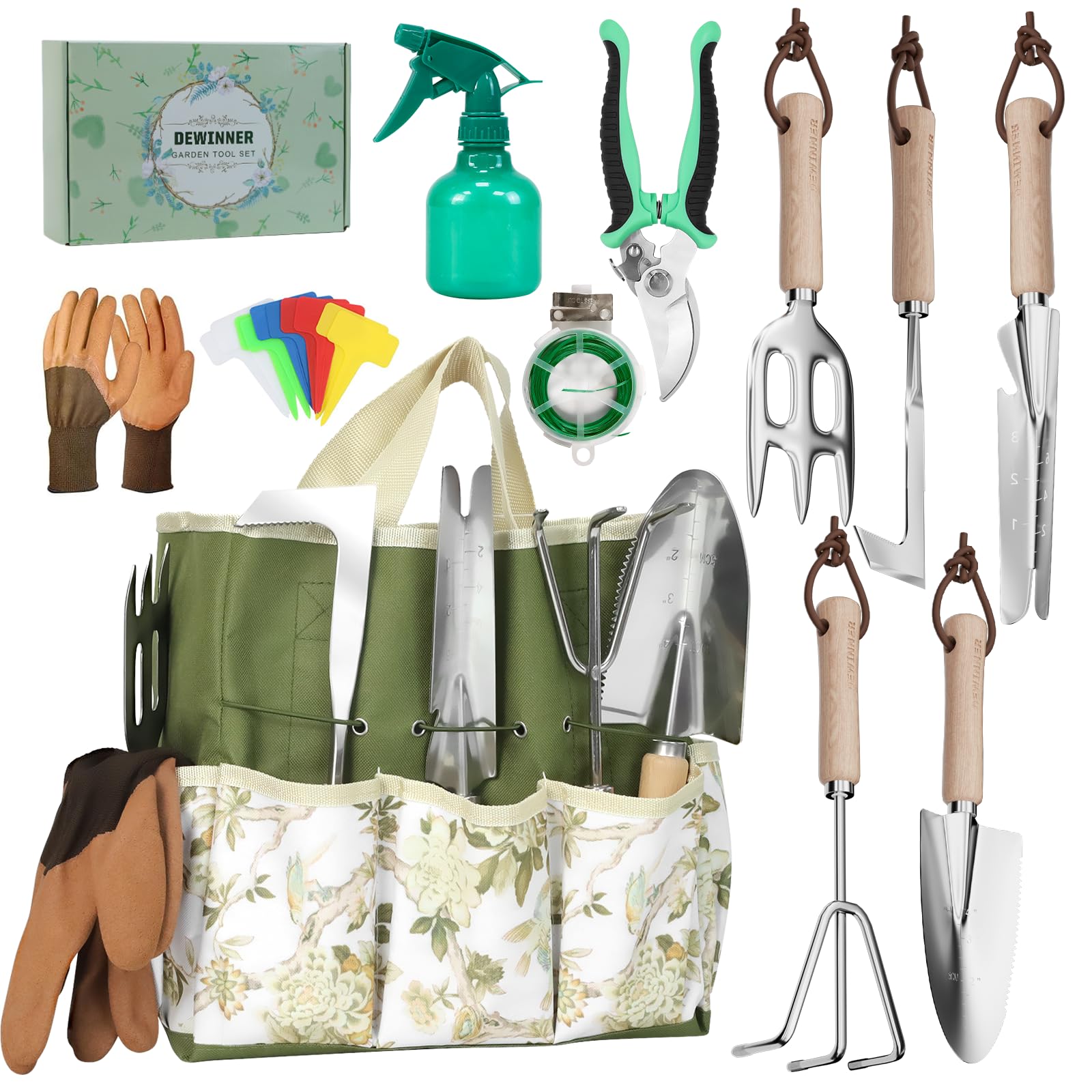 DEWINNER Set Di Attrezzi Da Giardinaggio, 12 Pezzi Kit Giardinaggio Con Manico in Legno Antiscivolo, In Acciaio Inox, Per Esterni Attrezzi Da Giardino, Strumenti Da Giardinaggio per Donne E Uomini