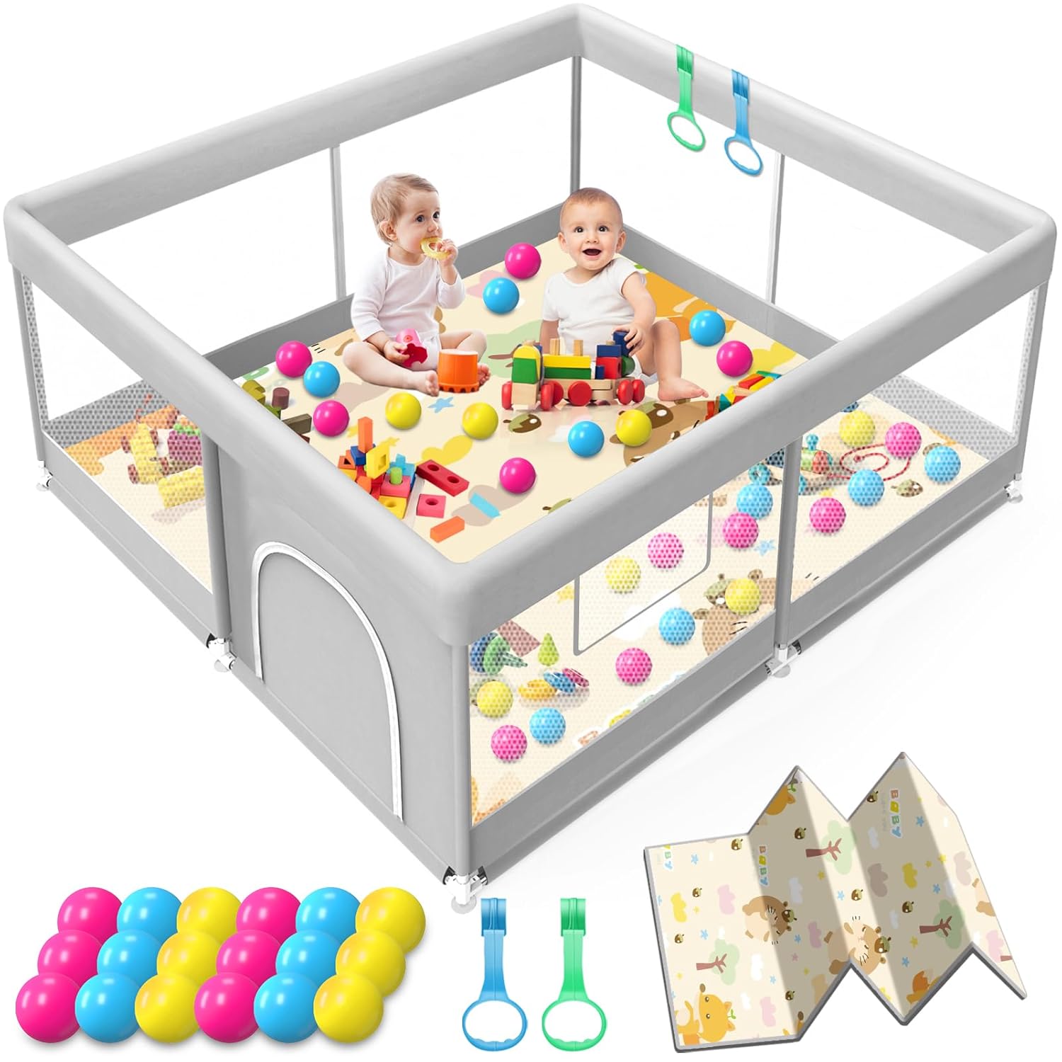 Baby Playpen with Mat 50x50 Inch, Playpen with Colorful Ball for Babies and Toddlers, Baby Play Pen Pin Indoor Play Fence (Mat and Ball Included) Grey+Mat2+Ball 50x50 Inch