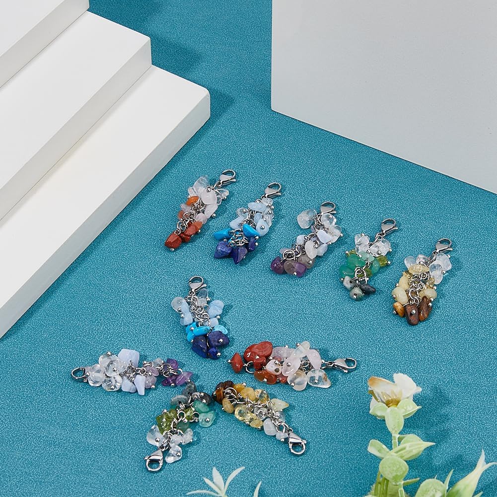 SUPERFINDINGS 10Pcs 5 Styles Chakra Pendants Charms Crystal Chip Stones Pendant Colorful Gemstone Chips Hanging Keyring Pendant with 304 Stainless Steel Lobster Claw Clasp for Bag Keychain Jewelry image 4