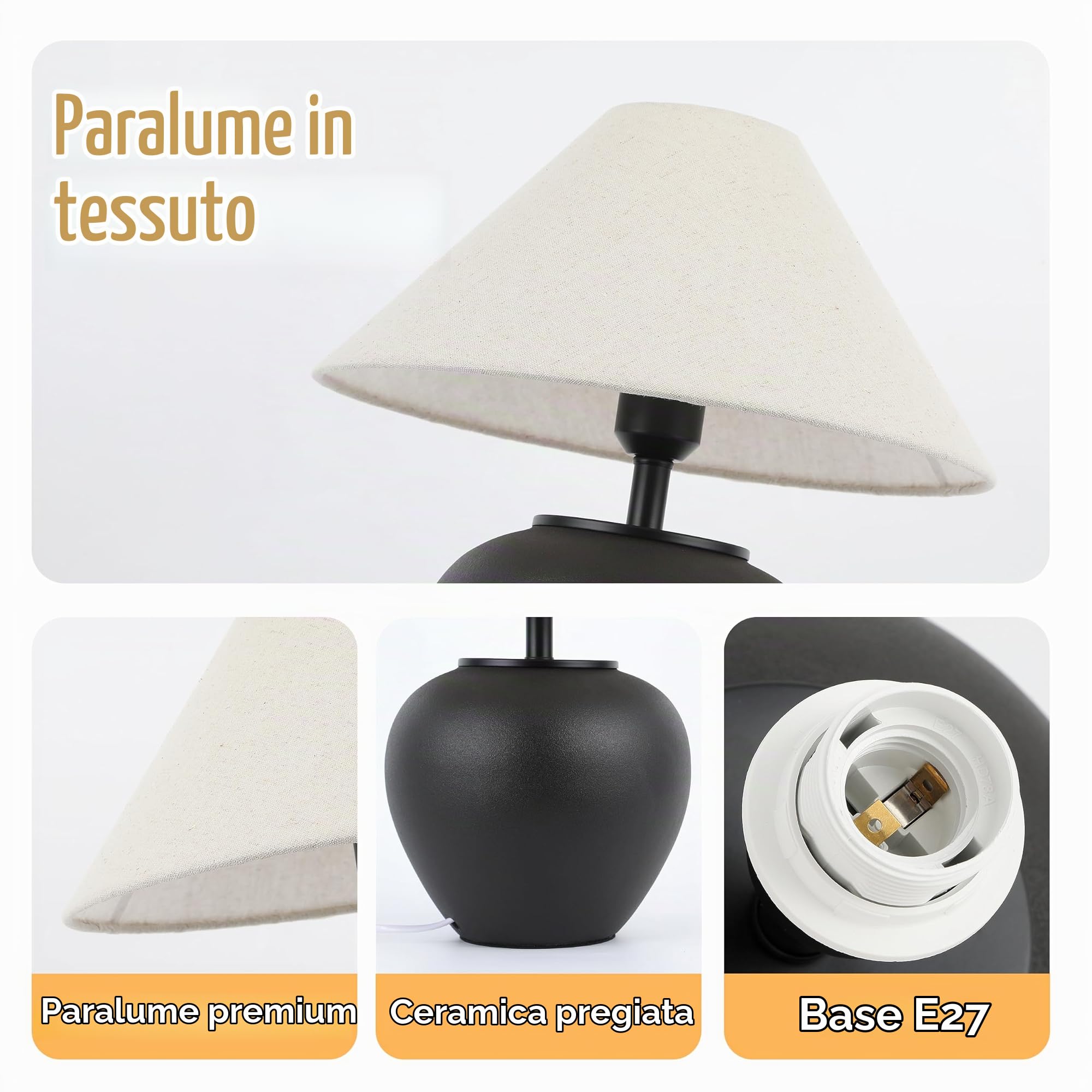 Lampada Da Tavolo In Ceramica Nera, Moderna Fattoria Rustica Scrivania Fatta A Mano, Comodino Per Soggiorno (Nero)