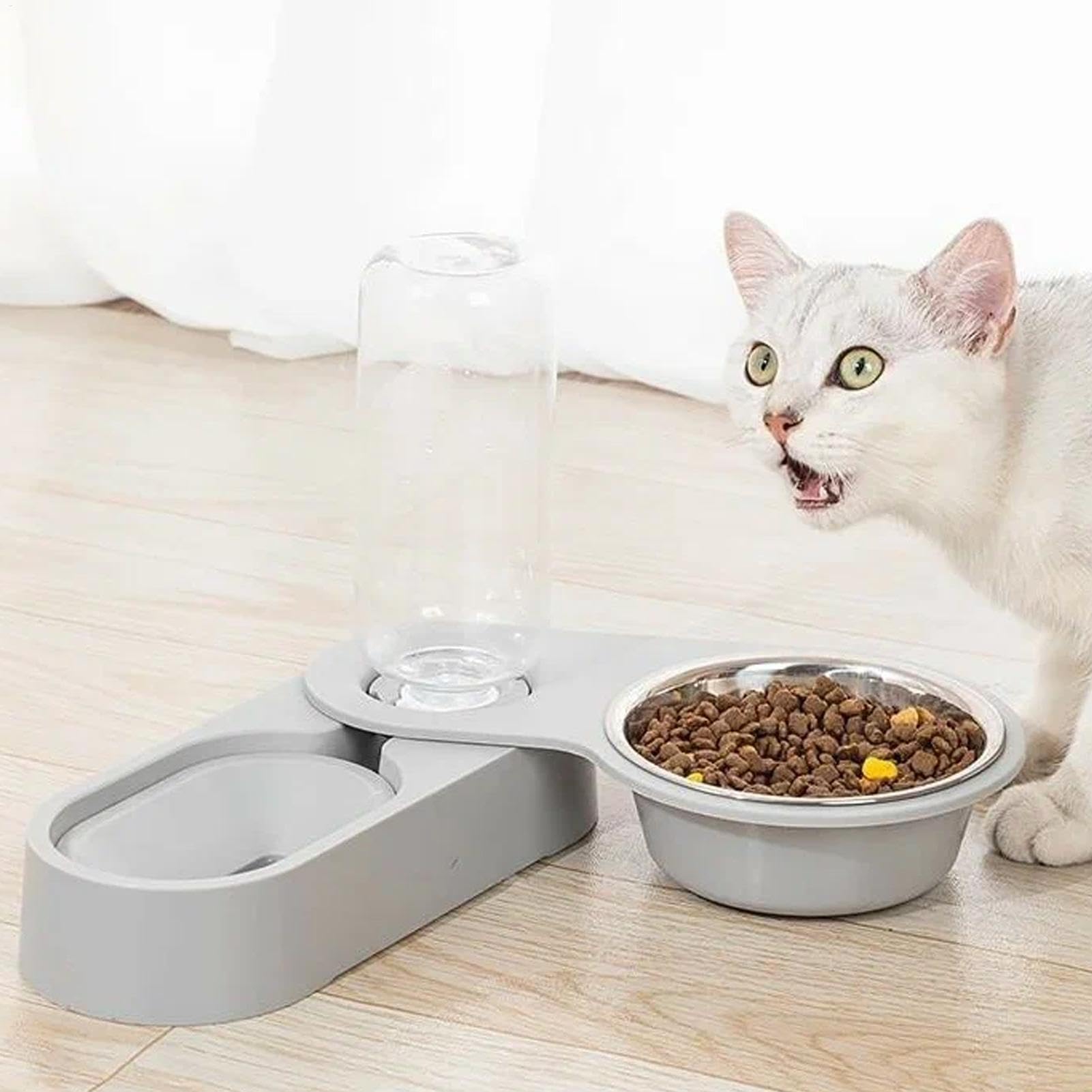 Ciotole per animali domestici, Distributore di acqua e cibo for gatti - Ciotole for animali domestici con bottiglia for bere portatile for, acciaio inossidabile antiscivolo(Gray)