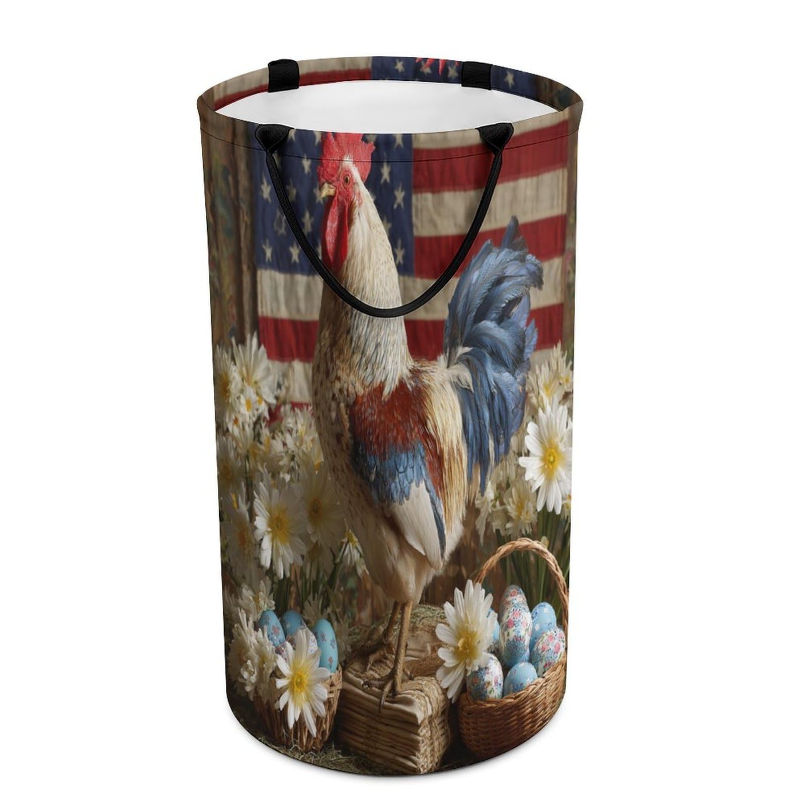 LUYYSKY Retro Abstract Animal Chicken Collapsible Dirty Clothes Basket, Classic Patriotic American Flag Daisies Flowers Animal Rooster Portable Clothes Storage Basket