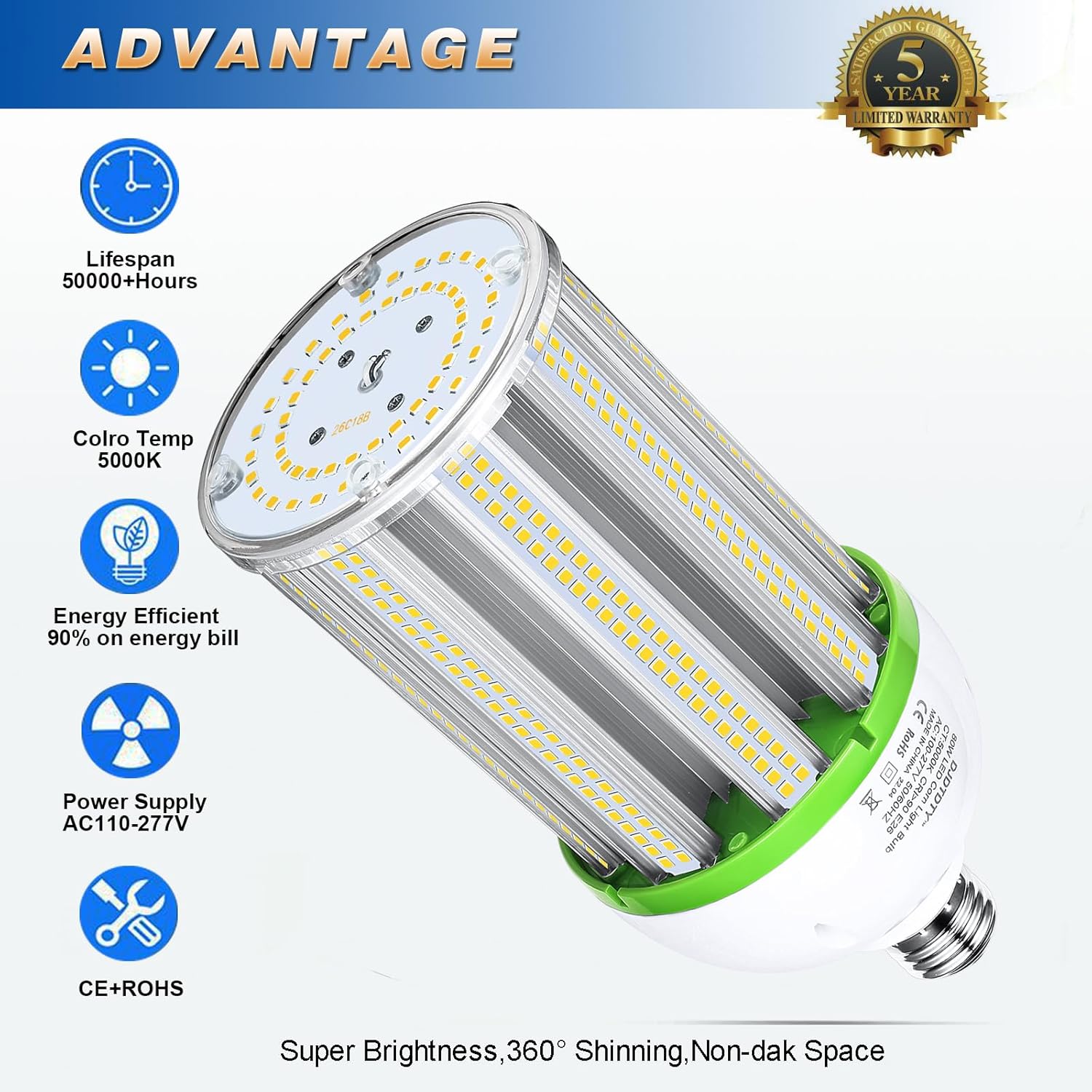 Amazon High Brightness 100W LED Corn Light Bulb, E26 E39 Base LED Corn Lamp, 15000 Lumen 5000K Daylight 100V~277V Corn Cob Light Bulb for Indoor Outdoo (100Watts, 1 Count (Pack of 1))