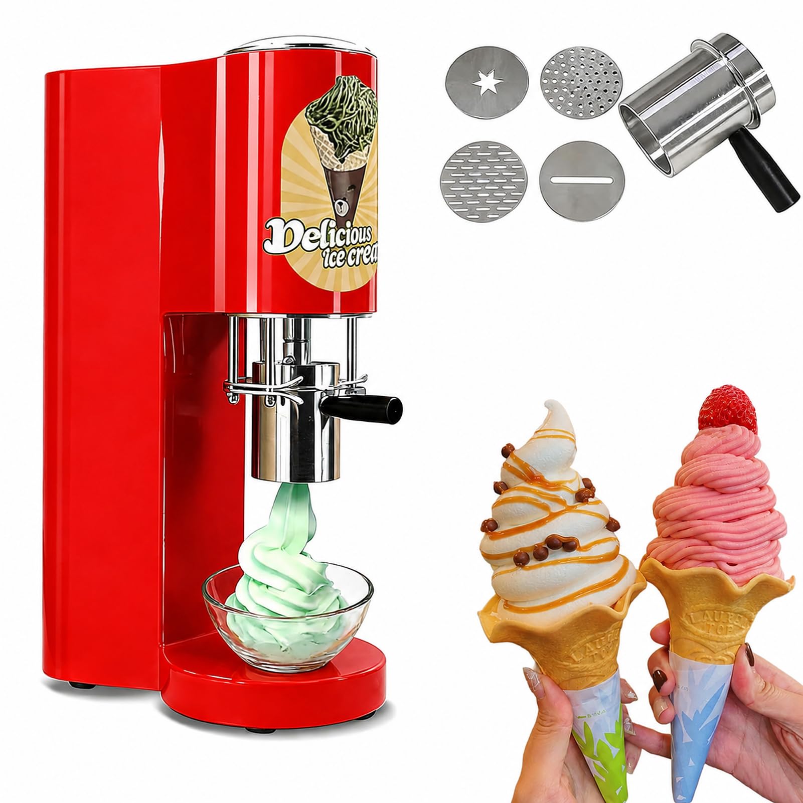 LYJIANGXIN Professional Ice Cream Noodle Extruder Machine, 80W Electric Spaghetti Ice Cream Maker with 4 Stainless Steel Molds, Commercial Dessert Equipment for Cafés & Restaurants