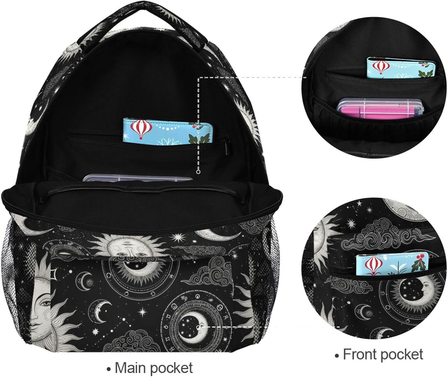 QUGRL Celestial Sun Moon Stars Clouds School Backpack for Girls Boys Large Bookbag Laptop Computer Bag Casual Hiking Travel Daypack Backpack Schoolbag for Teens College 16 Inch