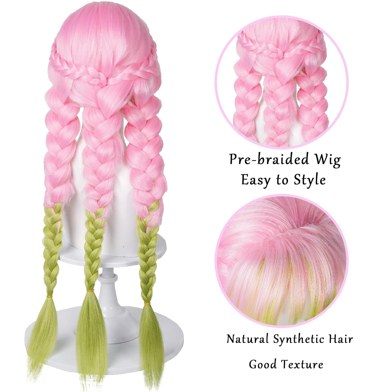 SL Mitsuri Cosplay Wig for DS, Long Pink Green Braid Wig Anime Hair Pigtails Wigs with Cap for Halloween Costume Party - Image 5