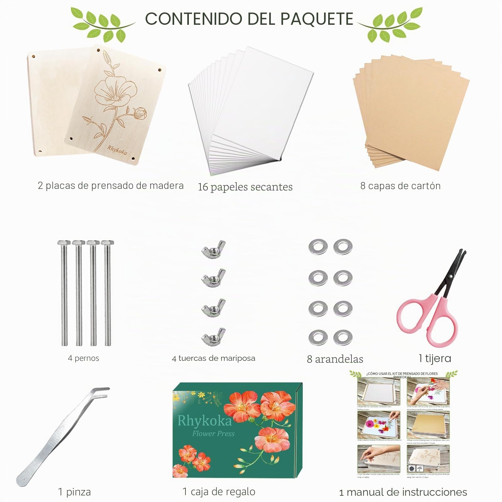 Rhykoka Prensa Profesional de Flores, Kit de Prensa de Flores de 8 Capas 16x21cm (6.3x8.3 pulgadas) Kit de Prensa de Hojas de Madera para Niños y Adultos con Instrucciones Claras, Bonito Regalo para