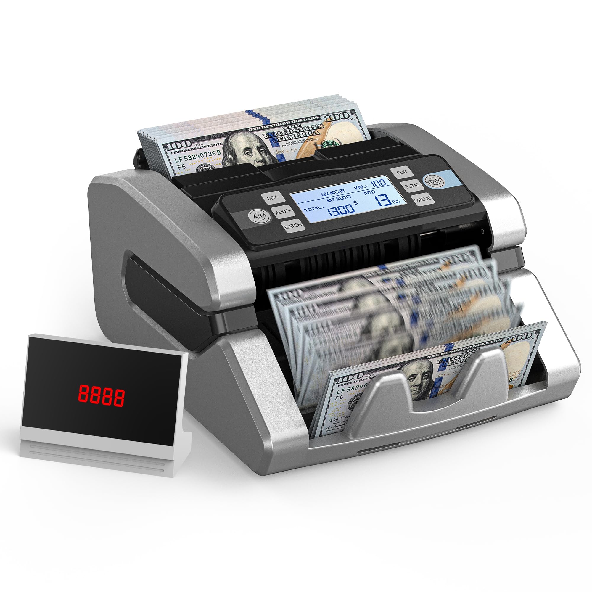 PONNOR Macchina contatore di denaro con conteggio valori, rilevamento banconote contraffatte UV/MG/IR/MT/DD, contatore contanti in euro con modalità conteggio/aggiunta/batch/automatica, display LCD