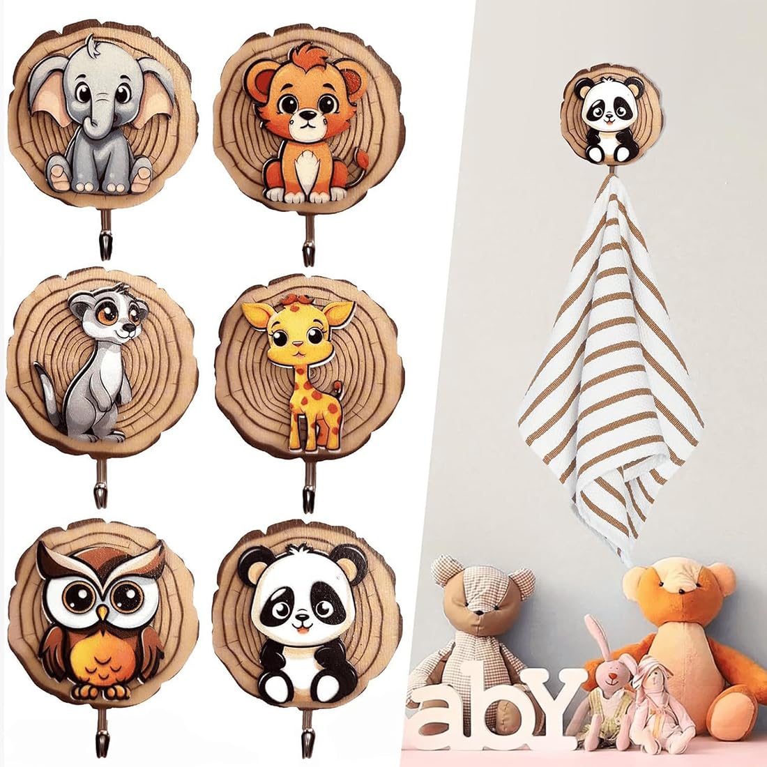Appendiabiti per bambini a forma di animale, Ganci Autoadesivi in legno, 6 pezzi regalo camera