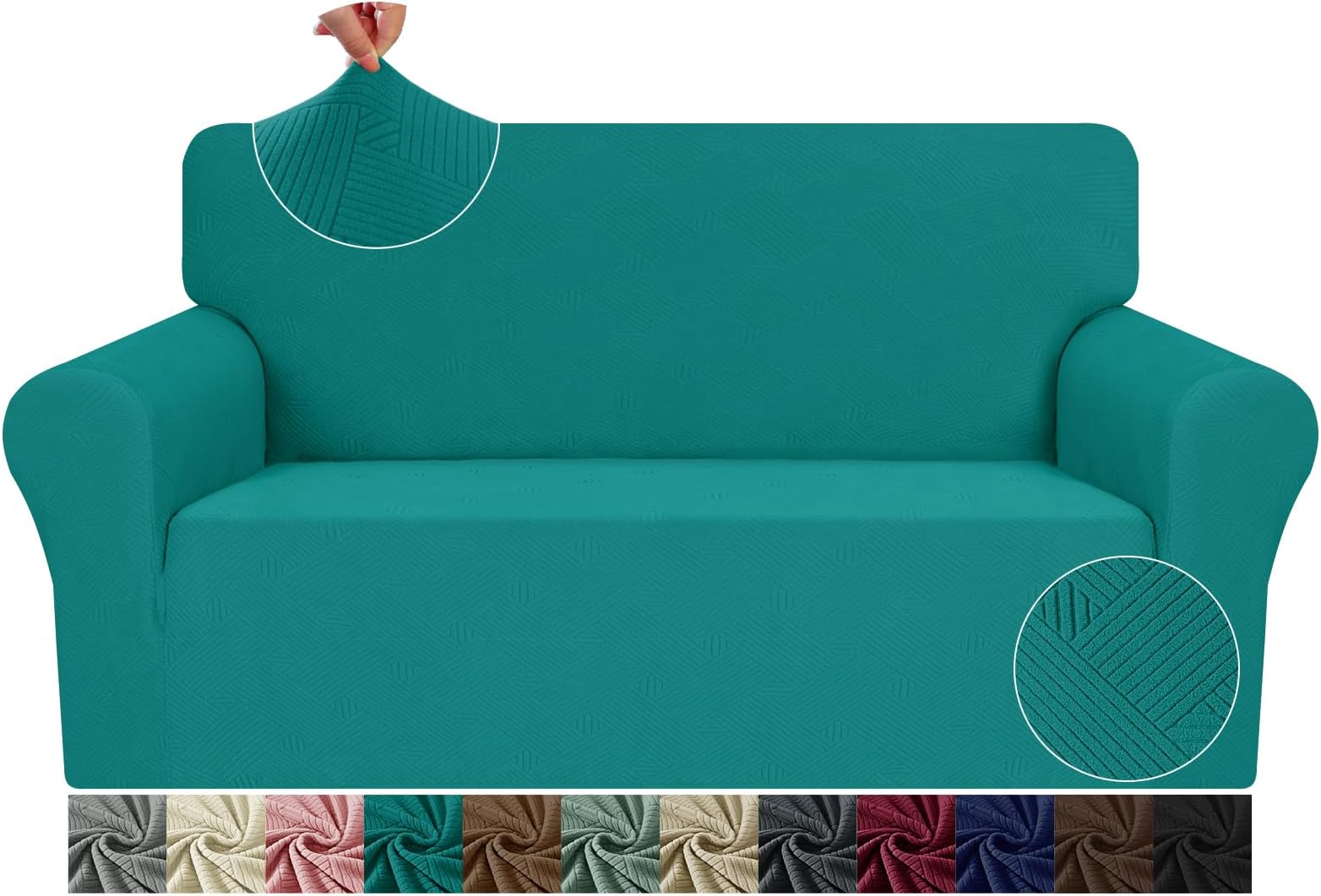 JIVINER Loveseat Slipcovers, 1 Piece Stretch Couch Covers for 2 Cushion Furniture Protector with Elastic Bottom for Kids Pets Jacquard 2 Seater Sofa Cover (Loveseat, Teal)