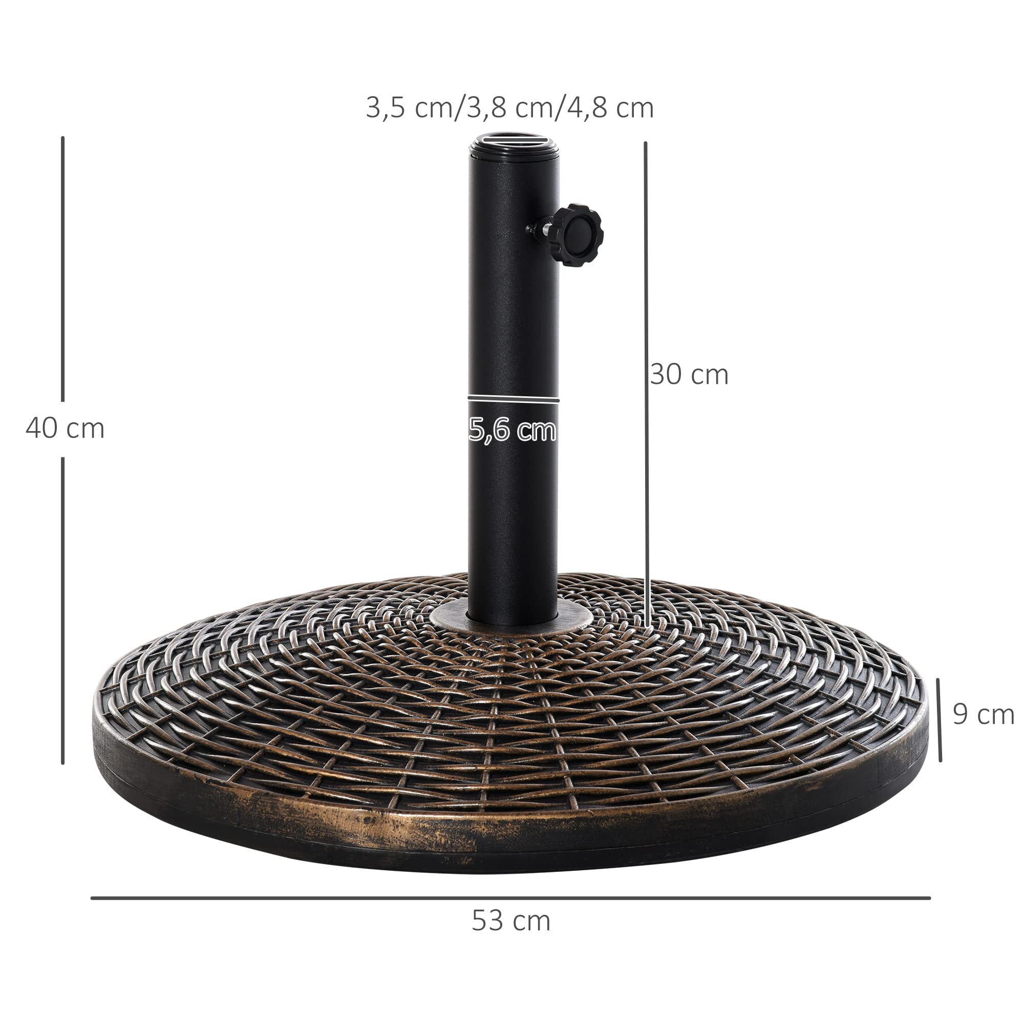 Outsunny Stojak na parasole przeciwsłoneczne, stojak na parasole 25 kg, imitacja rattanu, stojak na kosz Ø 35/Ø 38/Ø 48 mm tworzywo sztuczne + cement, antyczny brąz, Ø 53 x 40 cm