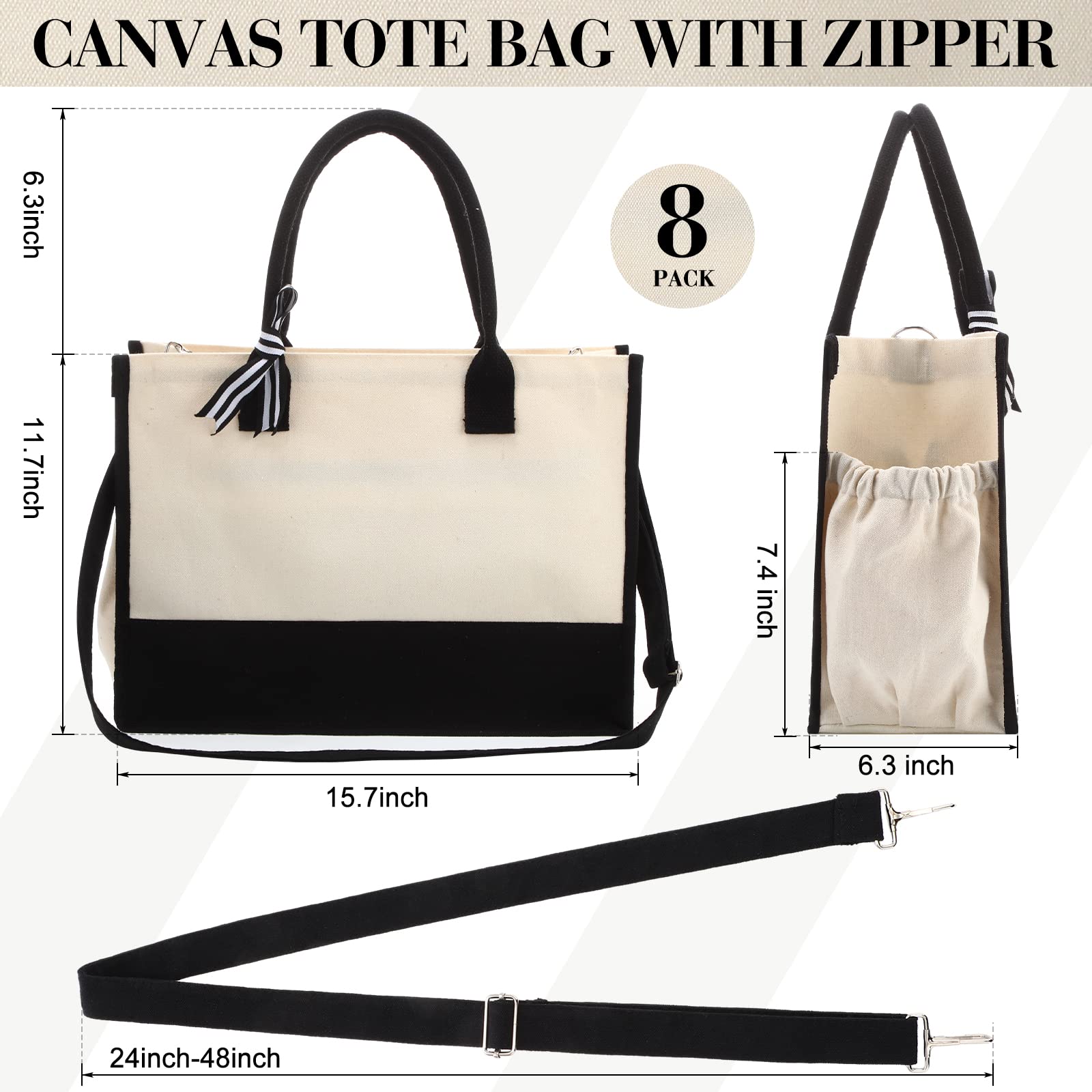 Aoriher 8 PCS Canvas Tote Bag with Shoulder Strap Zipper Opening Grocery Tote for Women Birthday Bridesmaid Gift Bag(Black)