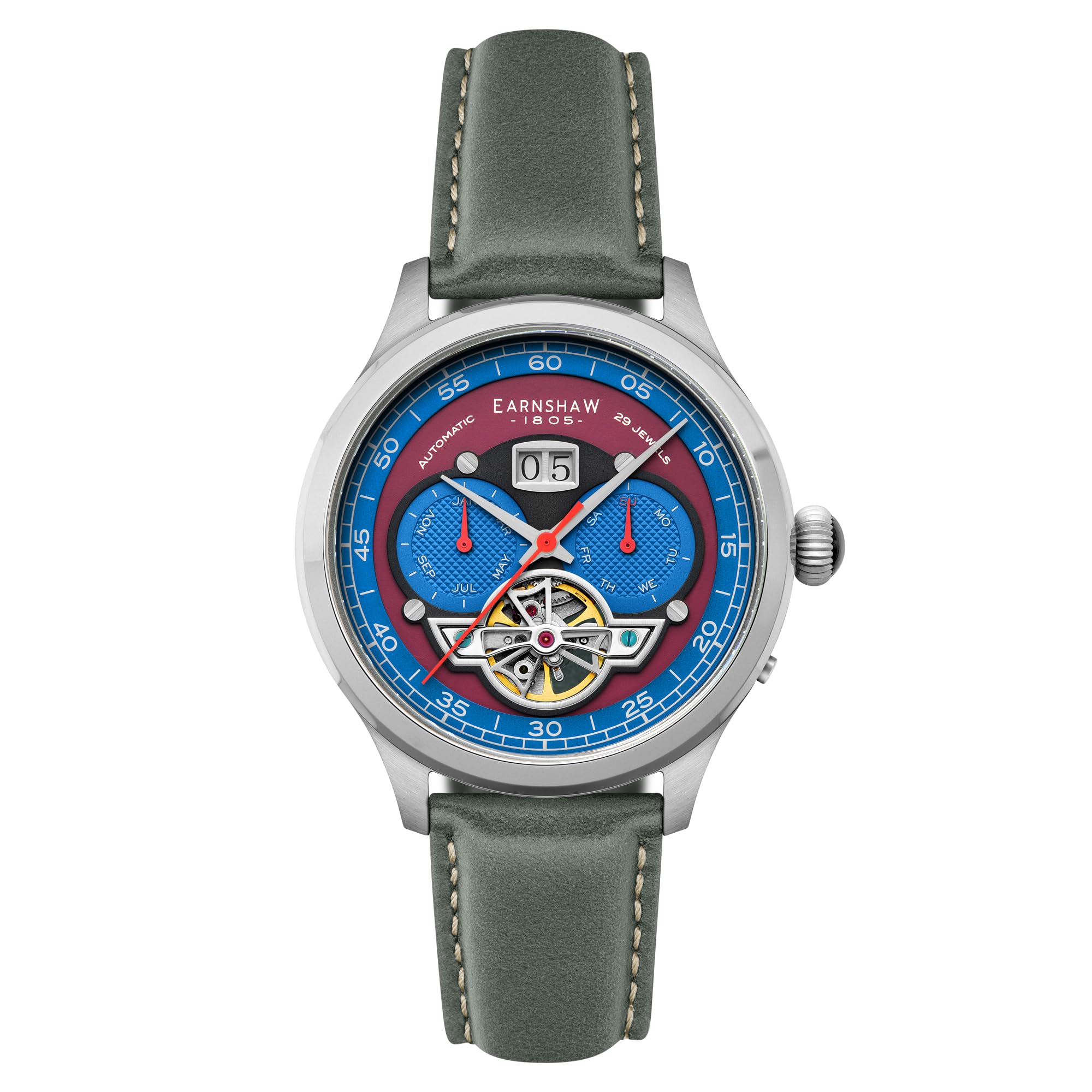 Thomas EarnshawBaron Men's Watch – Automatic Open-Heart Movement, Grand Date Calendar, 43mm Stainless Steel Case, Leather Strap, 50m Water Resistant, ES-8187