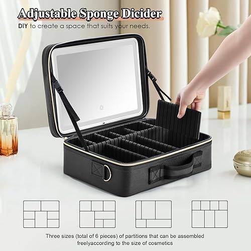 Miniatura 4 de Bolsa de maquillaje de viaje con luz LED, estuche de maquillaje con espejo, 3 ajustes de color, caja de maquillaje cosmética, estuche organizador de