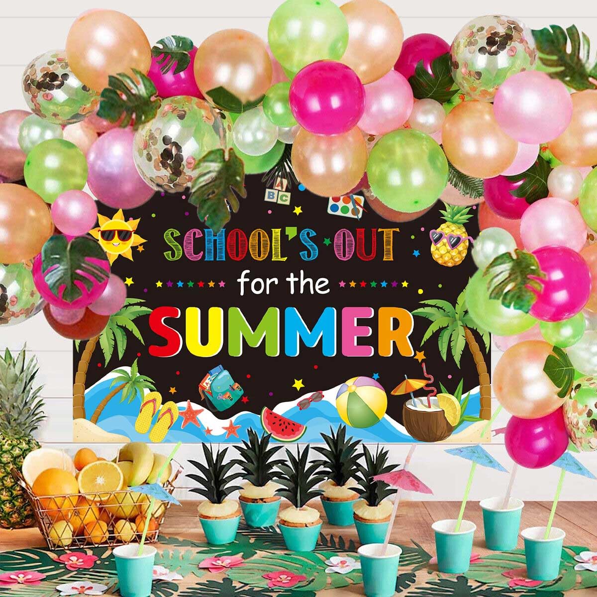 Toile de fond pour l'école - Décoration de fête de fin d'école - Fond de plage pour enfants - Vacances d'été - Décorations de fête - Bannière de décoration de table de gâteau (2,4 x 1,8 m)
