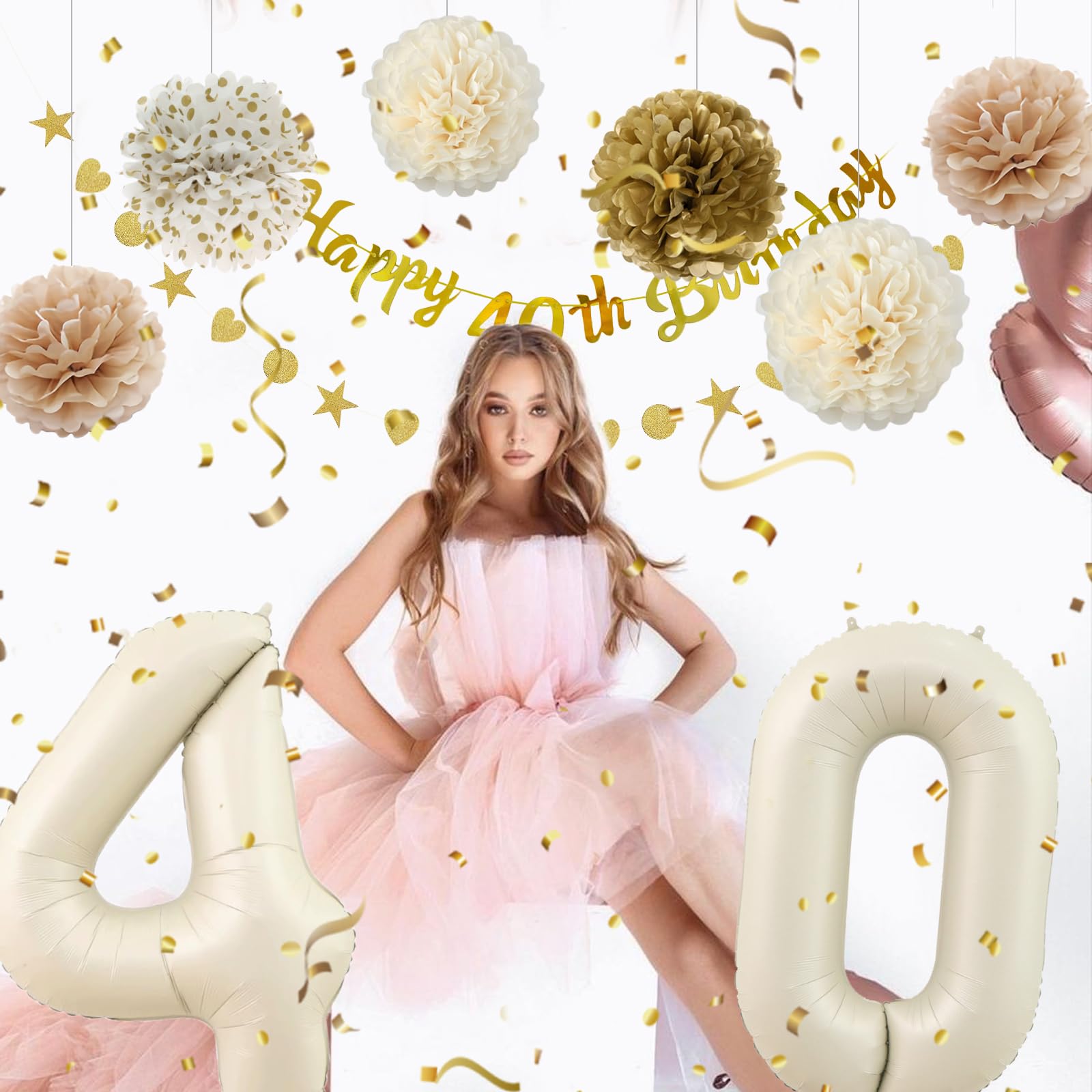 40ste Verjaardagsdecoratie voor Vrouwen en Mannen, 63-delig Saliegroen Feestdecoratieset - 32 Inch 40 Folieballon, Ster Folieballon, Groen Goud Witte Ballonnen, Spandoek, Taarttopper
