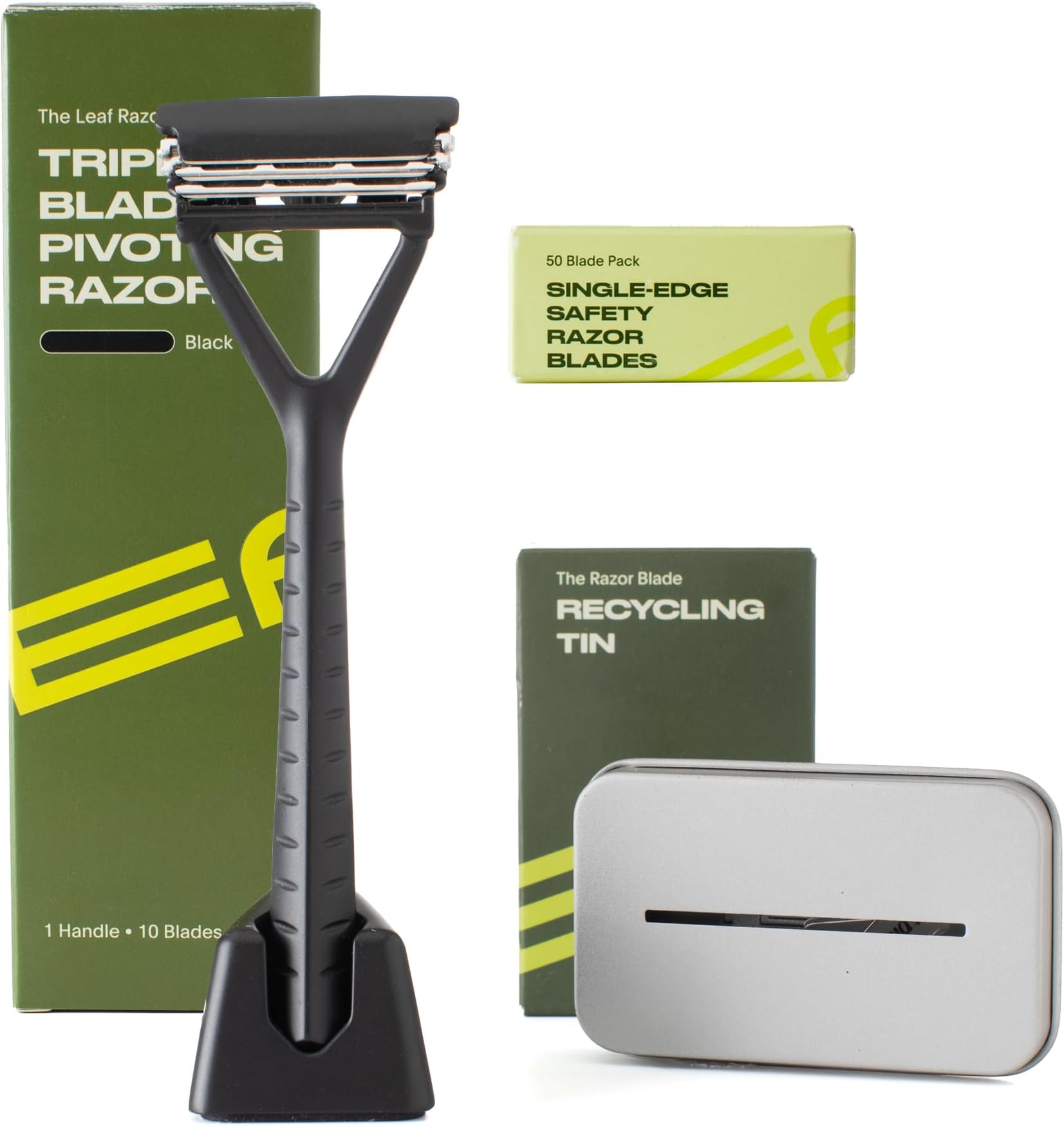 Leaf Shave | The Leaf Razor Set, Black - Includes 1x Leaf Razor, 1x Matching Stand, 1x 50-Pack of Single-Edge Blade Refills, and 1x Blade Bank