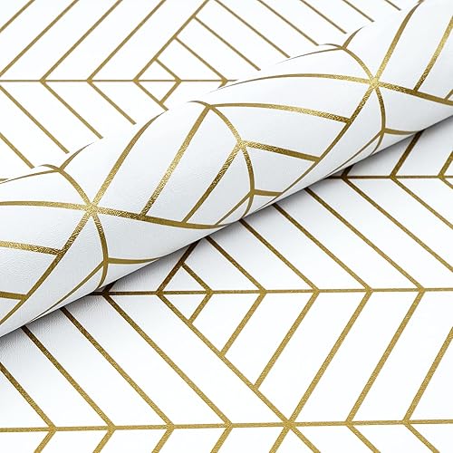 Miniatura 6 de Mecpar Papel tapiz geométrico dorado hexagonal para despegar y pegar, 17.7 pulgadas x 98.43 pies, papel tapiz geométrico a rayas, película de
