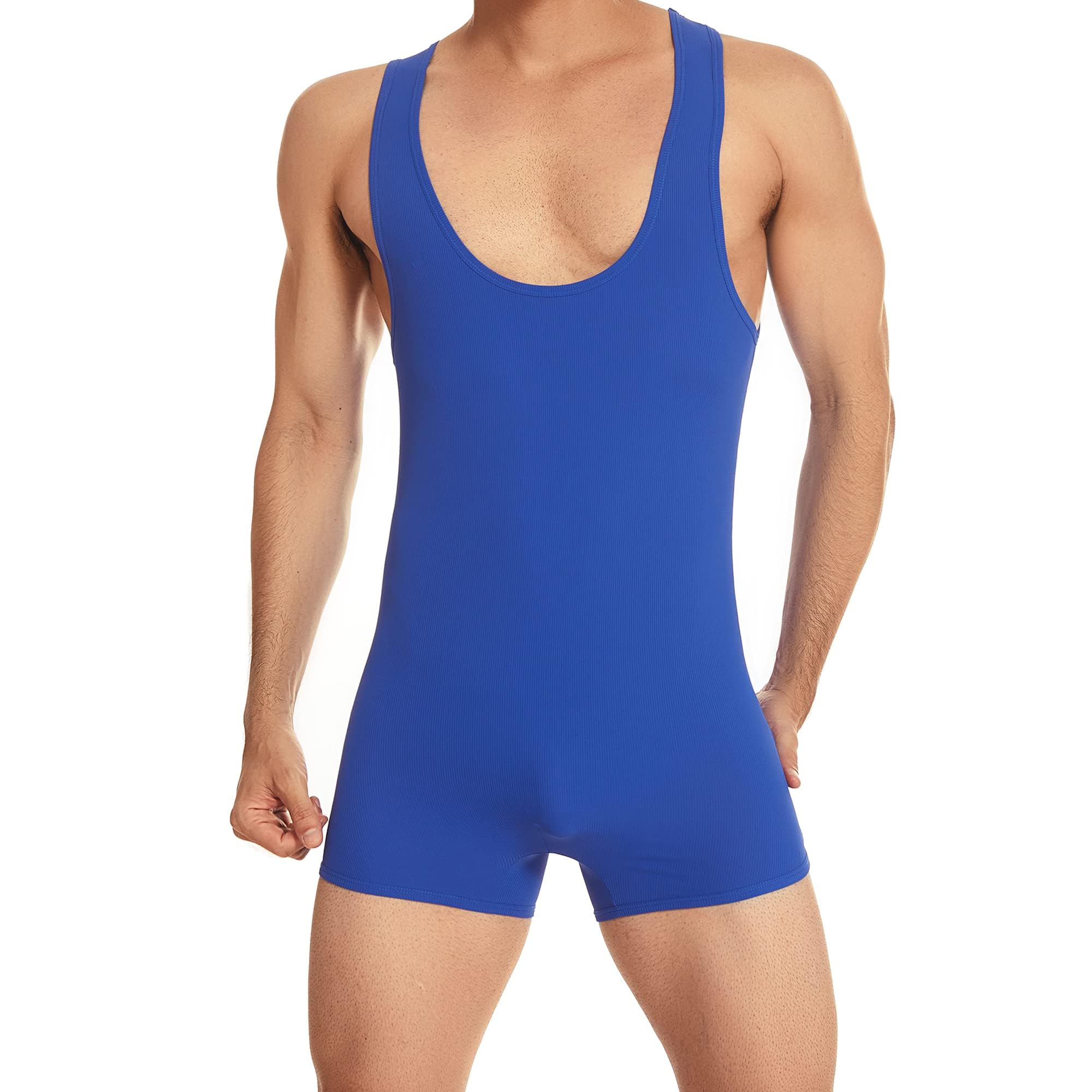 YUFEIDA Mens Sports Undershirts Leotard Slim Fit Bodysuit One Piece Active Shirt Sheer Soft Wrestling Singlet Bodywear Blue