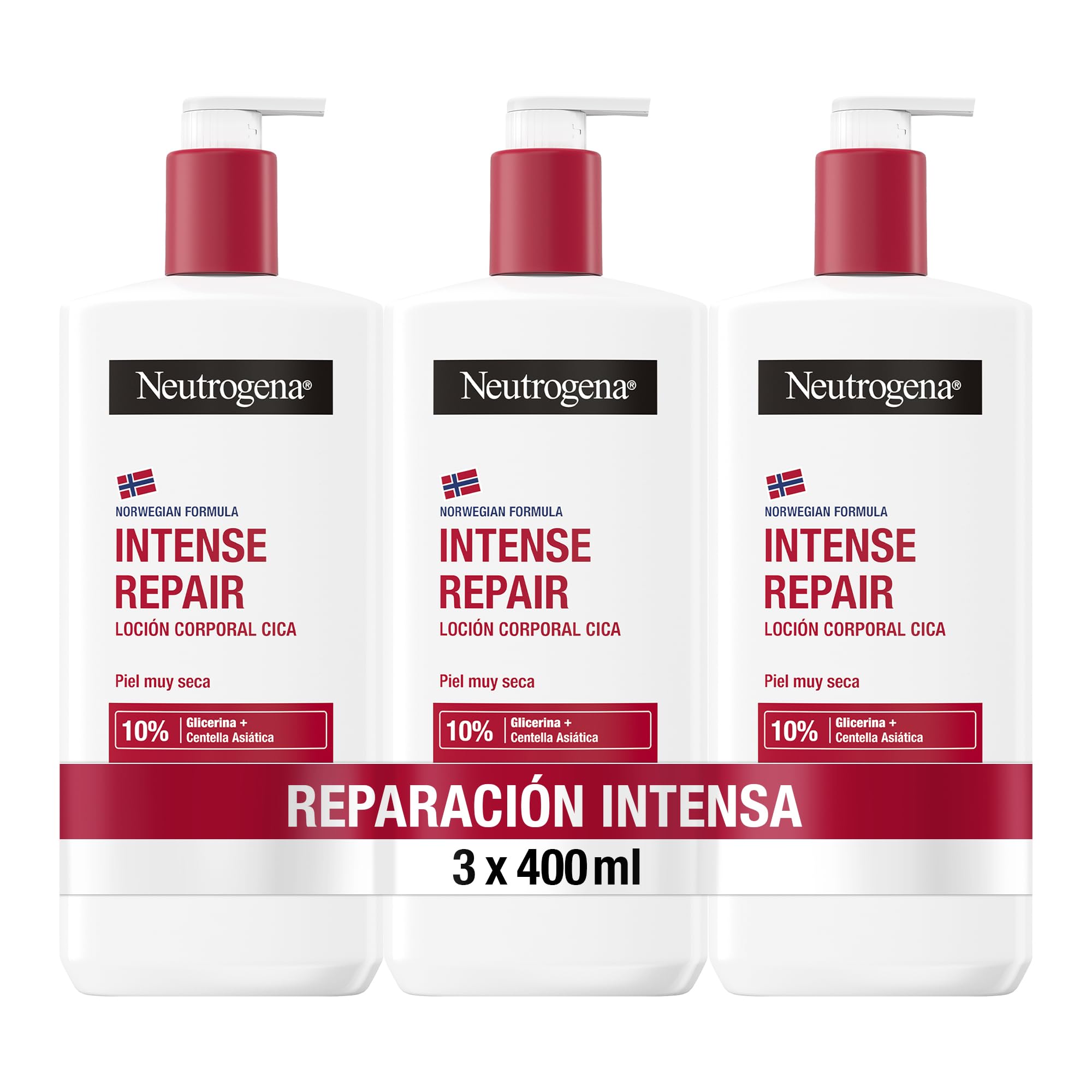 Neutrogena Fórmula Noruega Loción Corporal CICA Reparación intensa para piel muy seca (3x400 ml), crema hidratante corporal reparadora con centella asiática y glicerina