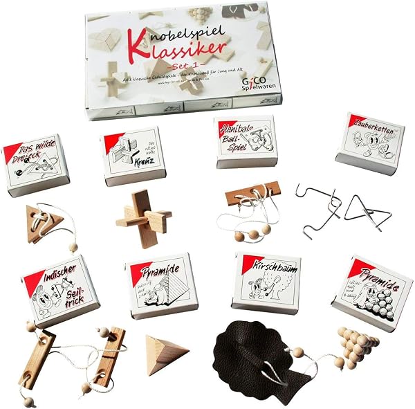 Knobelspiel Klassiker Sets - 8 Geschicklichkeitsspiele in Geschenkverpackung - incl. Lösung (Set 1) - 1