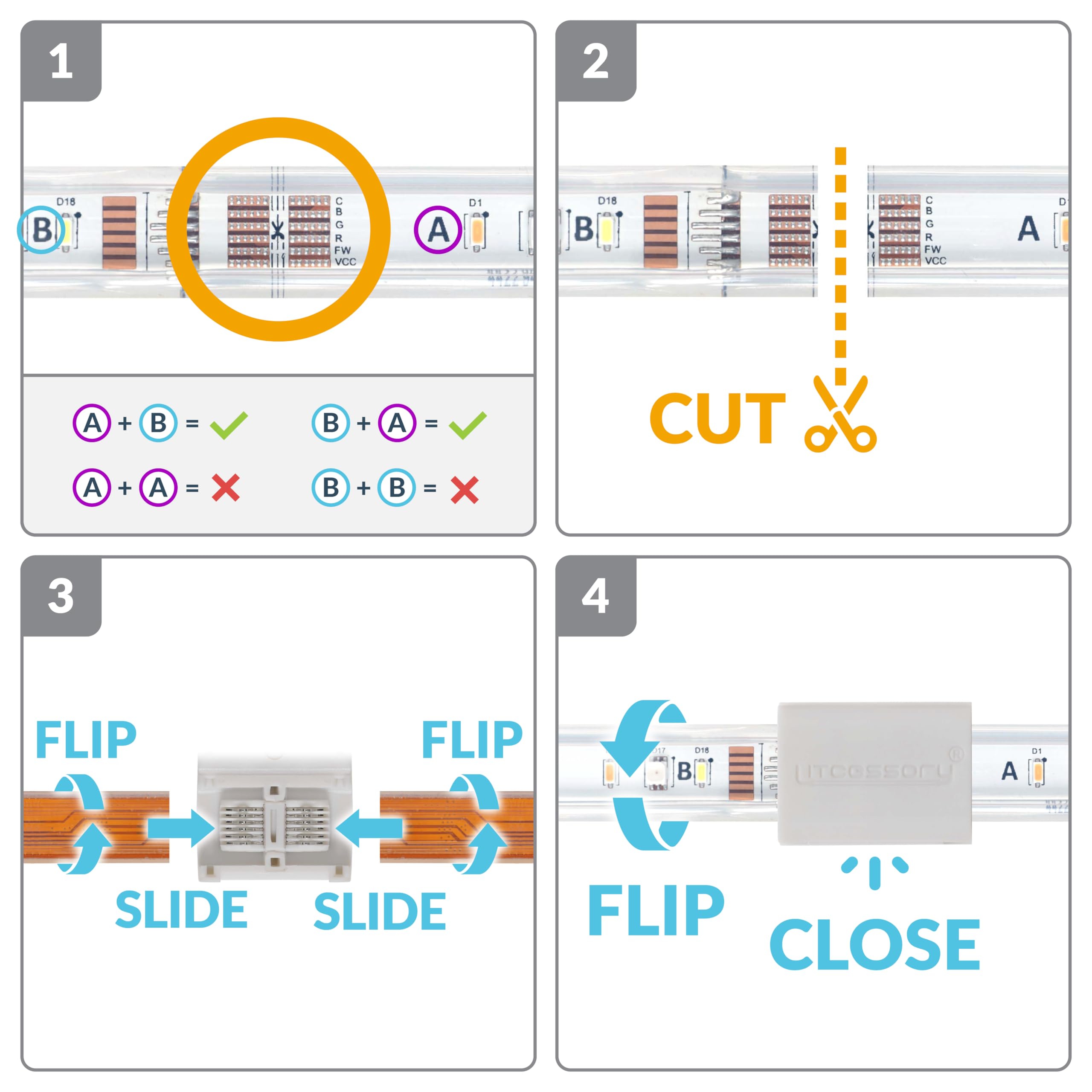 Litcessory Złącze cięte z końcem do Philips Hue Lightstrip Plus (zestaw 4 sztuk, białe - MICRO 6 - ROCHES V4)