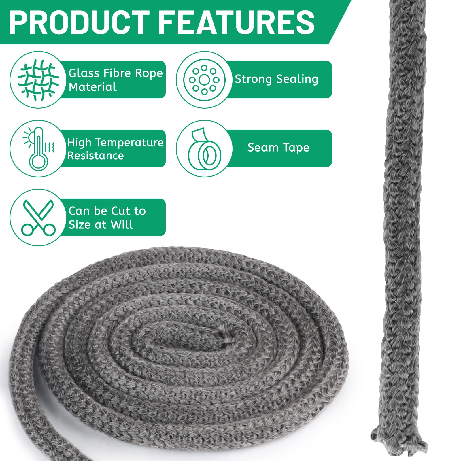 LALAGO 1 pezzo Φ 16mm x 2,5m Guarnizione Stufa a Legna, Cavo di Tenuta per Stufa a Pellet in Fibra di Vetro, Linea di Tenuta Corda Ignifuga per Porte di Caminetti per Stufa, Camini, Forno, Caldaia