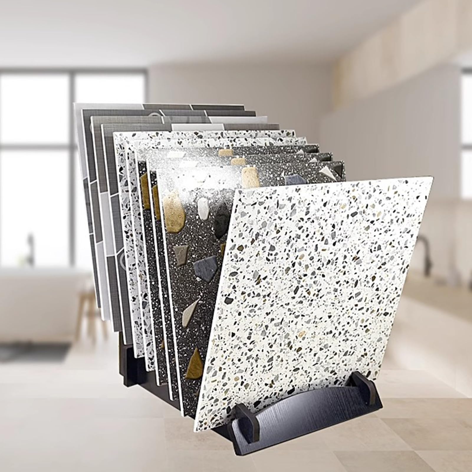 Soporte de exhibición de azulejos de piso para patrones de piedra de cerámica, soporte vertical ranurado de madera para sala de exposición de porcelana (60 x 35 x 31 cm), perfecto para escaparates