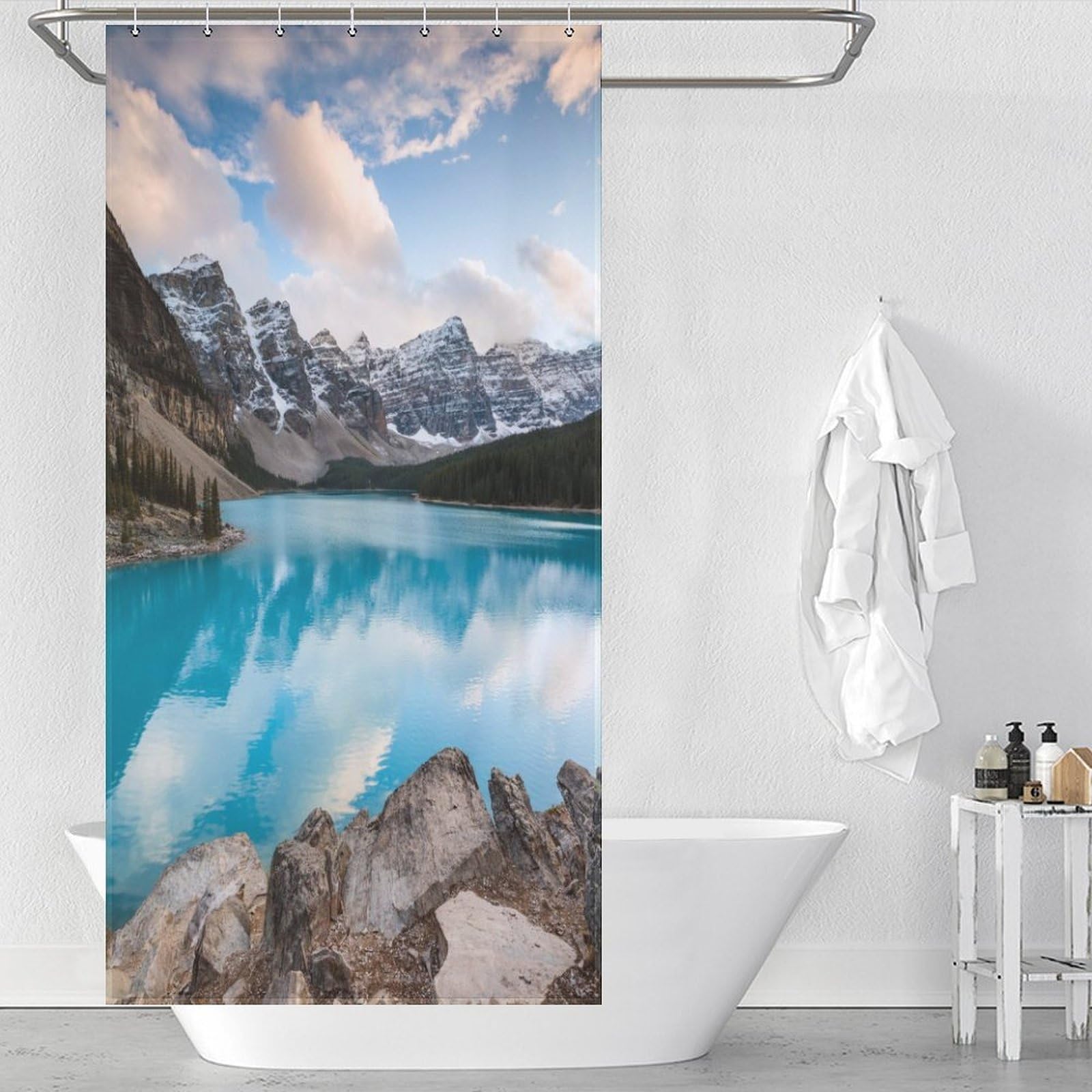 Rideau de douche en tissu doux imprimé nature Banff 90x180cm lavable pour hôtel