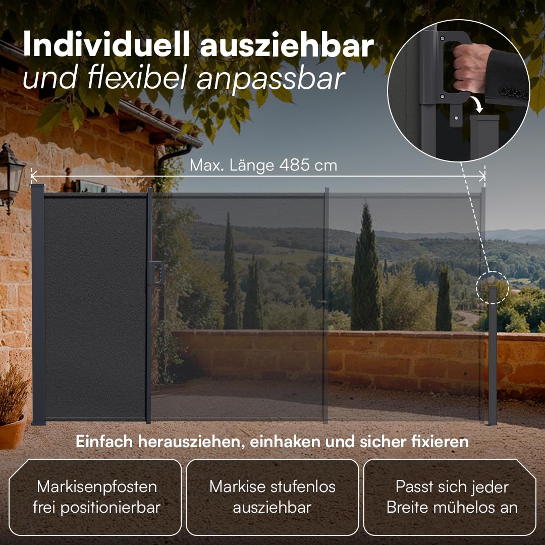 STEELSØN Zirella Seitenmarkise 200x485cm – Windschutz ausziehbar in Anthrazit – Markise wetterfest – Sichtschutz – Seitenrollo mit Wandhalterung – Sonnenschutz Blickdicht – Wandmarkise aus Aluminium