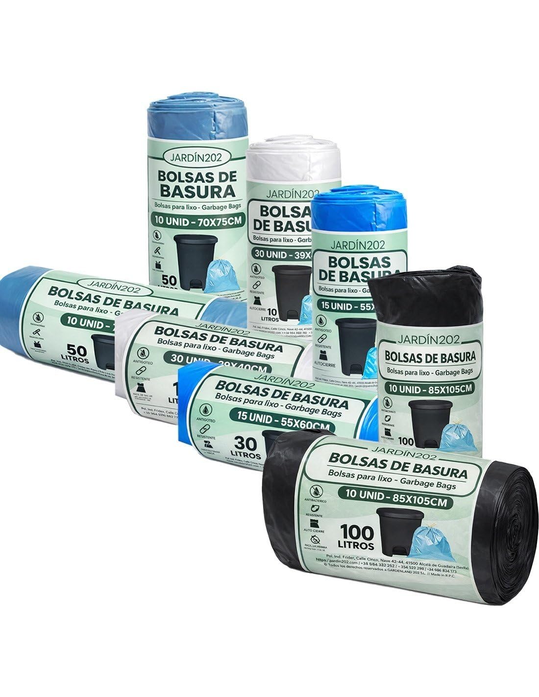 JARDIN202 - Bolsas de Basura 100 Litros Negras 85x105 cm Rollo 10 Unidades Material 100% Reciclado | Uso Comunidad y Profesional | Pack 20 uds