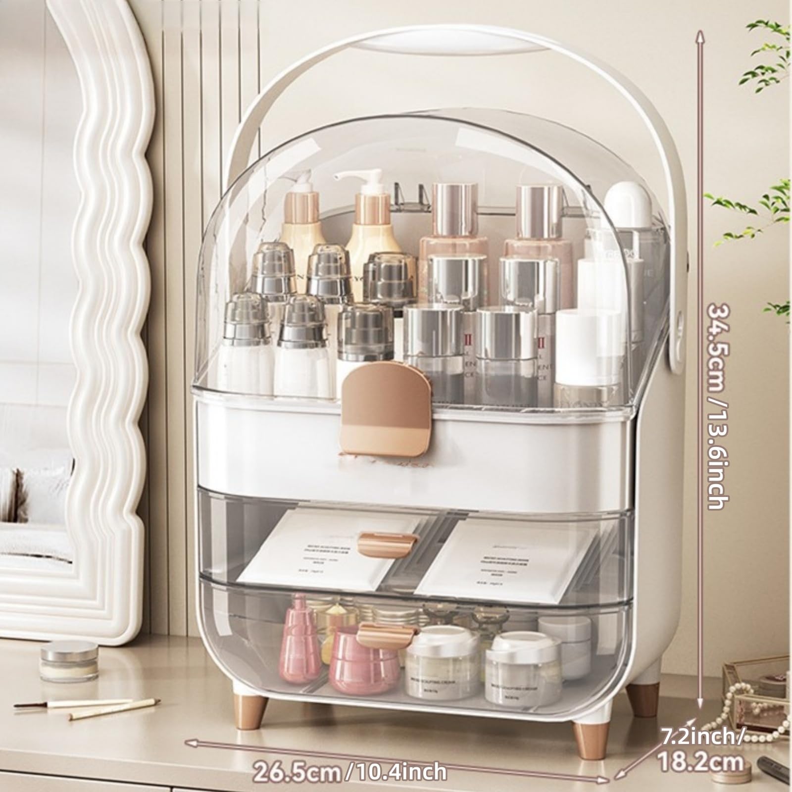 Organizador de maquillaje, organizadores para el cuidado de la piel con tapa transparente y 2 cajones y soporte giratorio de 360° para brochas