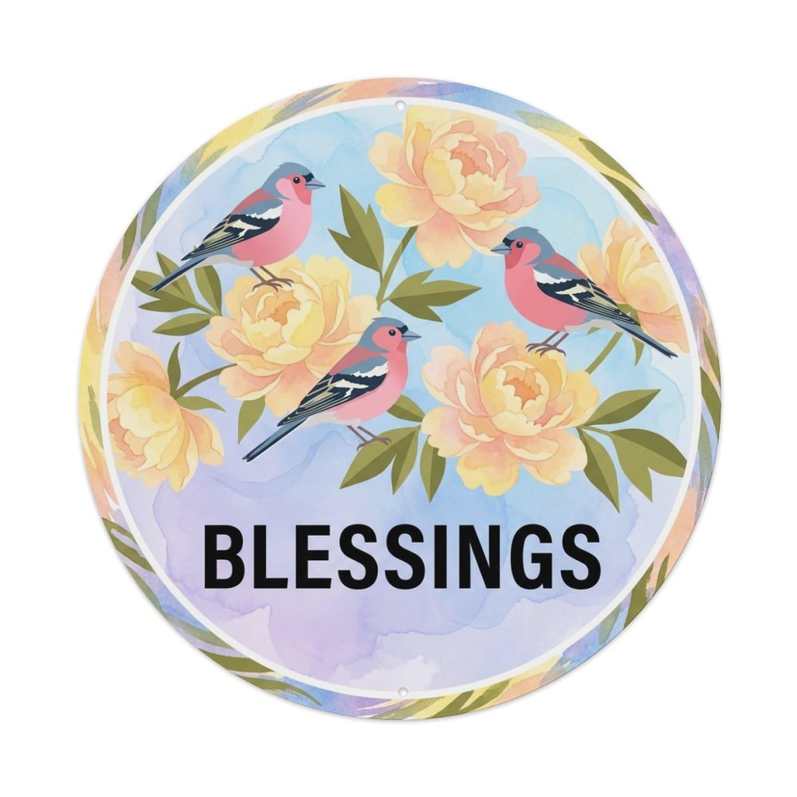Watercolor Bird Slogan Blessings Peony Cluster Metal Tin Sign