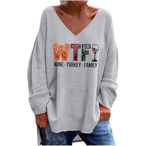 V Neck Christmas Shirts for Women Fashion Oversized Funny Print Long Sleeve Pullover Tops Lightweight Loose Fit Tees