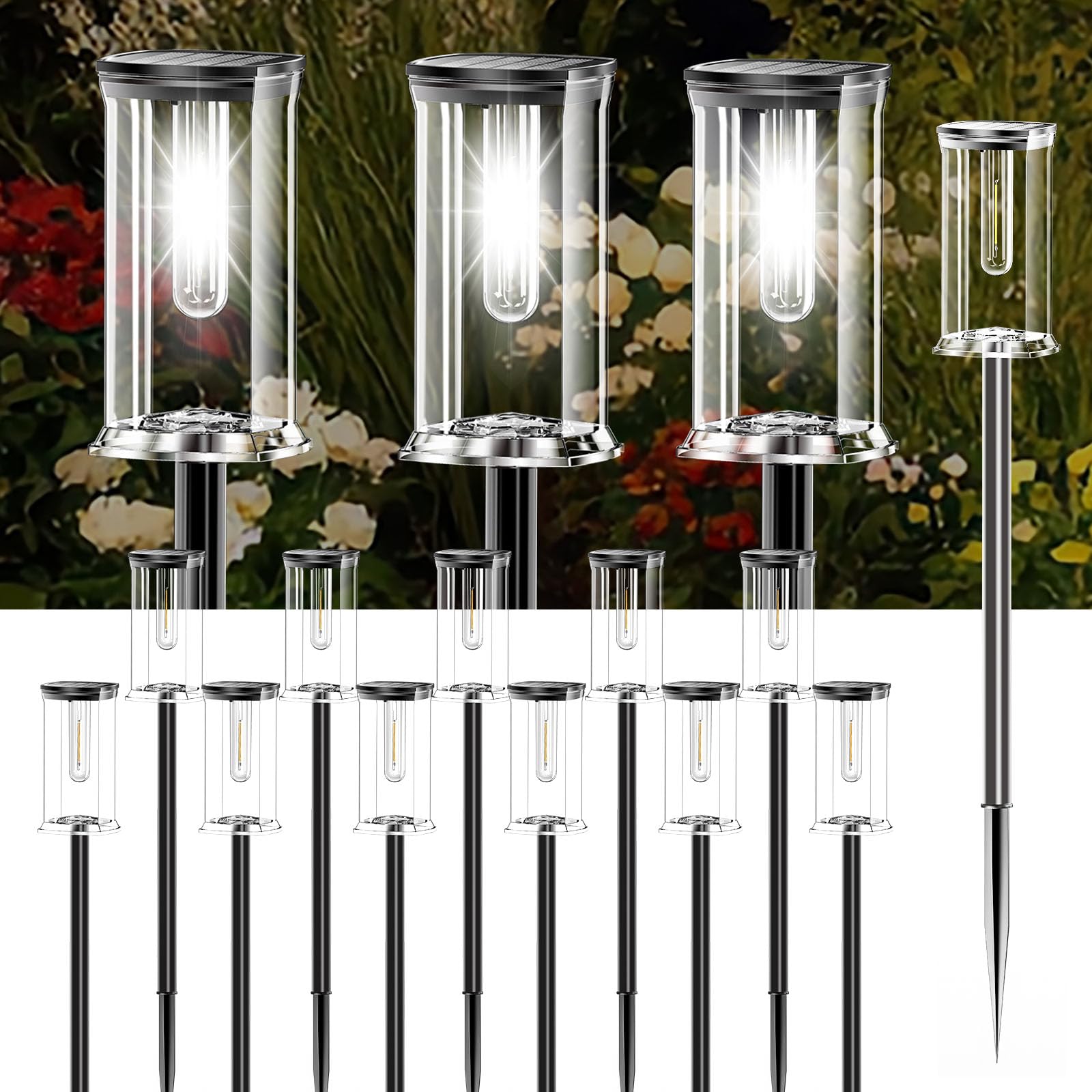SOLARBABY 12 Pezzi Luci Solari da Giardino Esterno LED Bianco Freddo, Giardino Solari da IP65 Accensione Automatica, Illuminazione Funzionale per Vialetto, Percorso, Giardino e Cortile