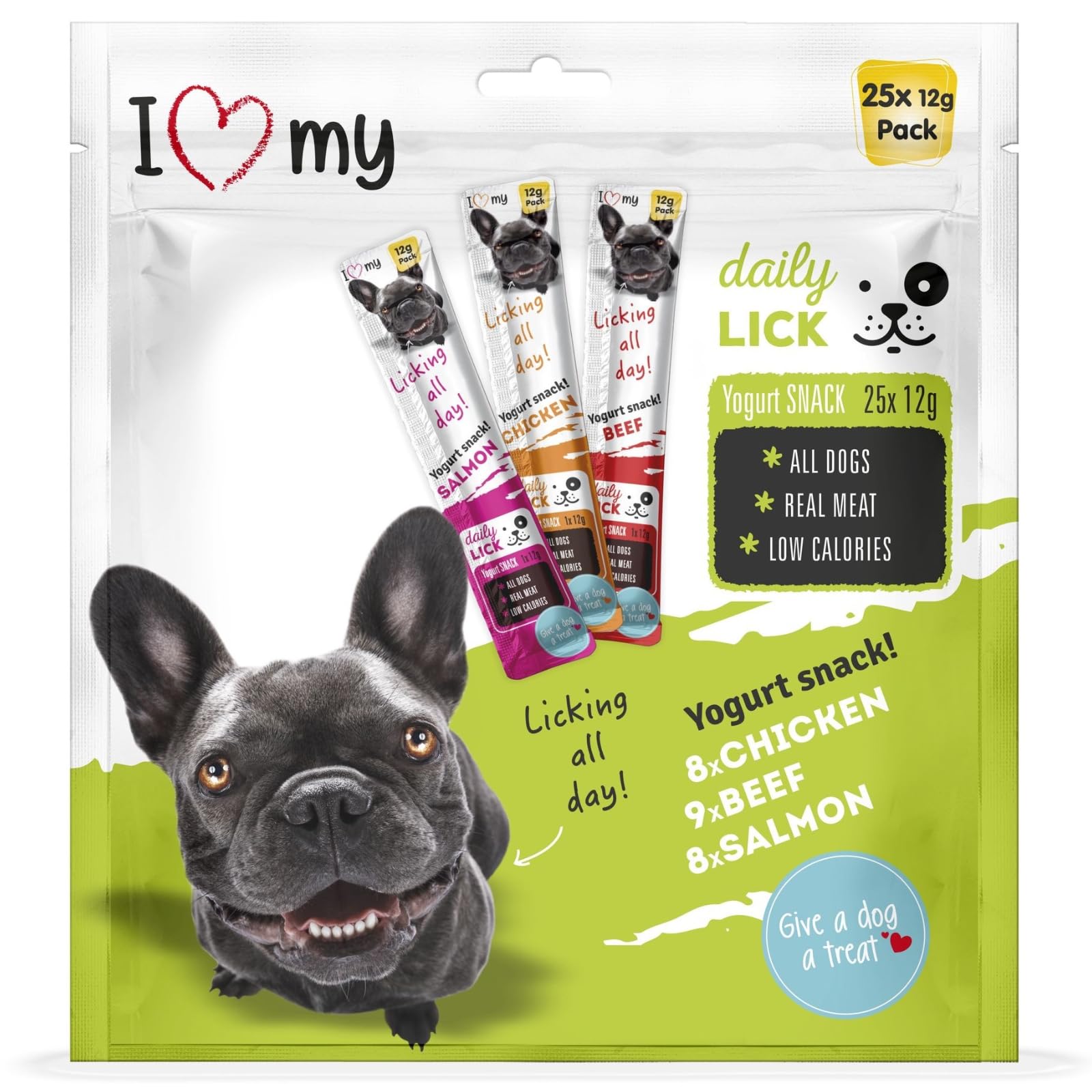 Dog Yoghurt Lickable Treats (25 Pack) Mixed Variety - Beef, Chicken & Salmon – Creamy Dog Treats Made with Real Meat – 12g Each 3 Flavours