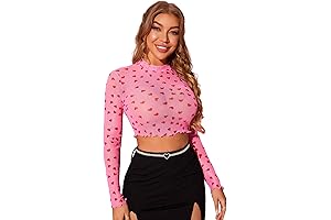 Women's Valentines Long Sleeve Sheer Mesh Crop Tee