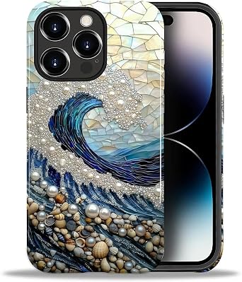 Case for iPhone 14 Pro,Durable Drop Protection Shockproof Silicone + Hard PC 2 in 1 Hybrid Protective Cover with Stylish Pattern Design Stained Glass Ocean Wave
