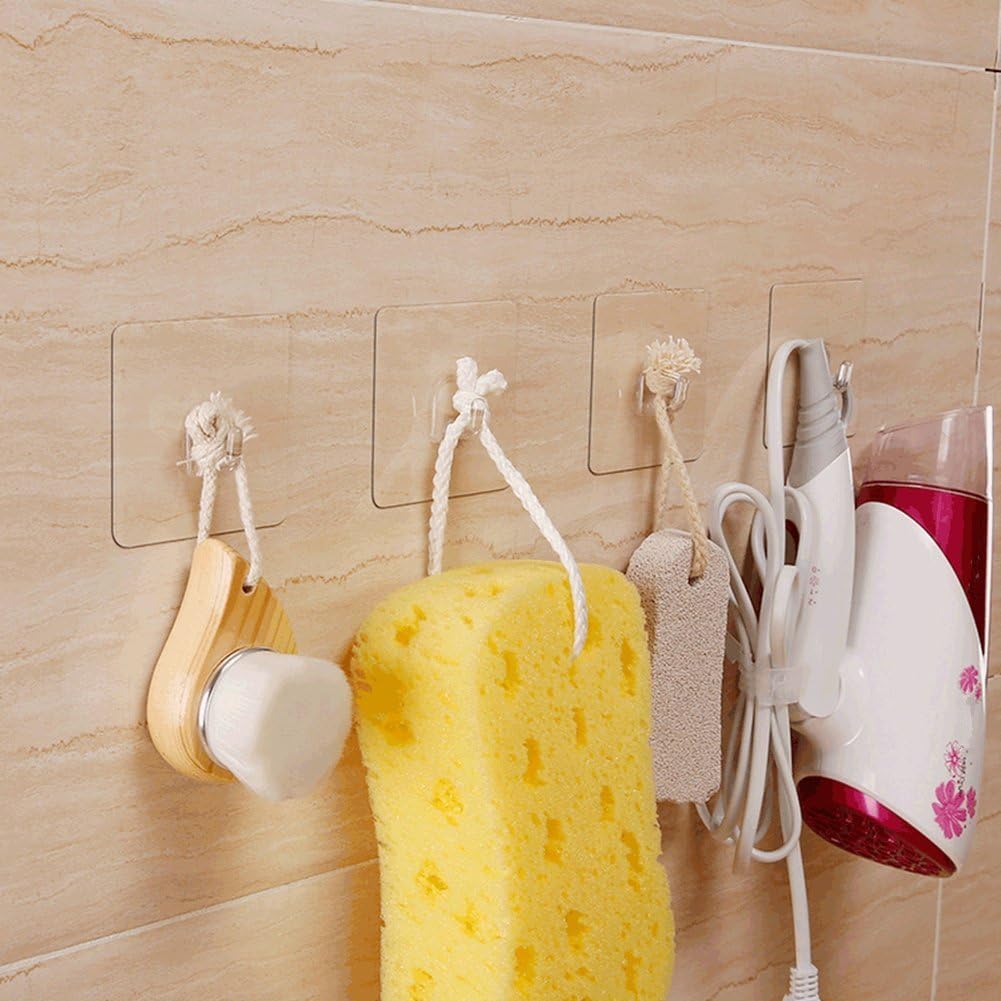Hawsam 8PCS Clear Adhesive Sticky Wall Hooks,Strong Sticker Hanger for Kitchen and Bathroom 20kg/44lb. (Max Loading)